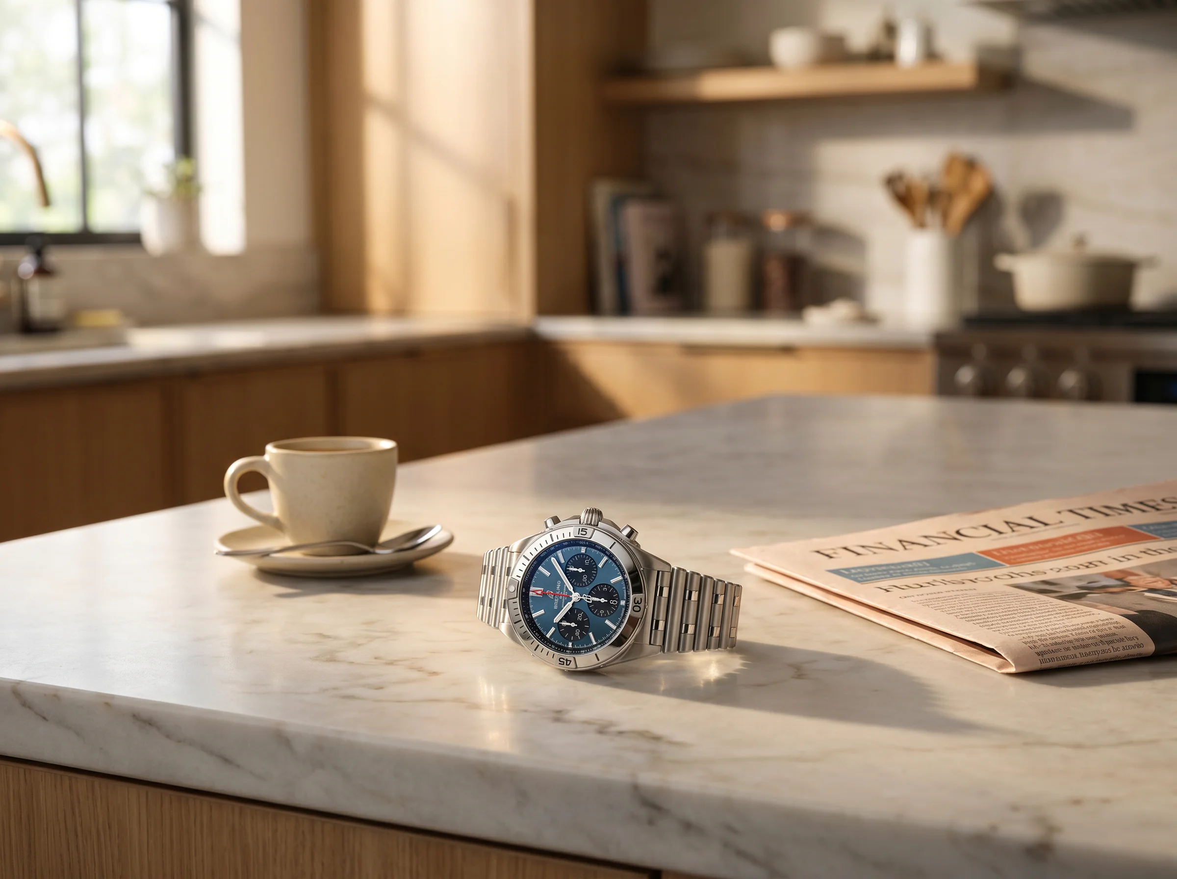 Breitling Chronomat B01 42 with blue dial on a pale marble counter beside an espresso cup and newspaper
