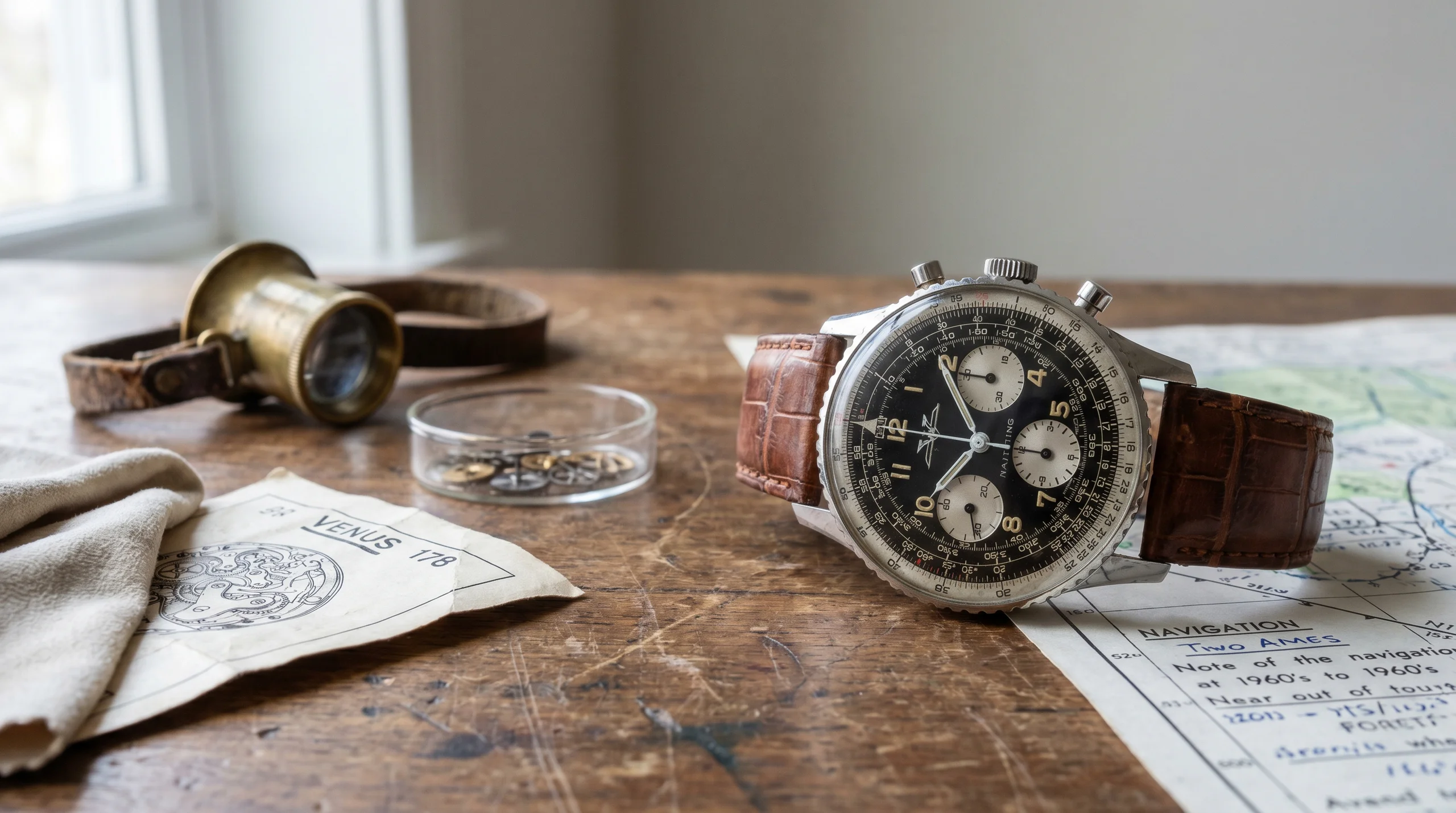 Original 1962 Breitling Navitimer reference 806 vintage chronograph with twin-planes dial, Venus 178 movement, on an aviation chart at a watchmaker's bench