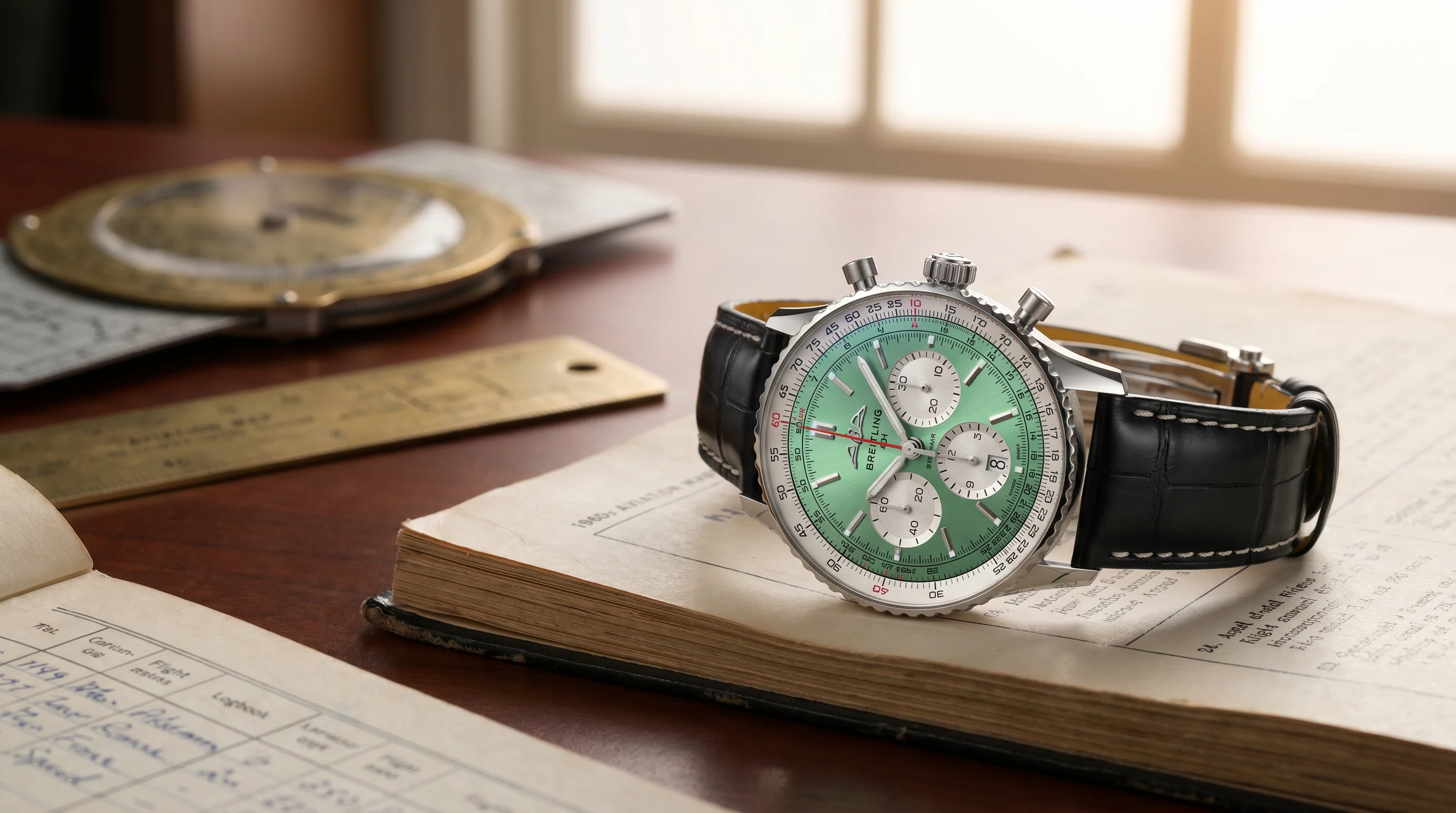 Breitling Navitimer B01 Chronograph 41 reference AB0139 in stainless steel with mint green dial on black alligator strap, resting on a vintage 1960s aviation flight manual