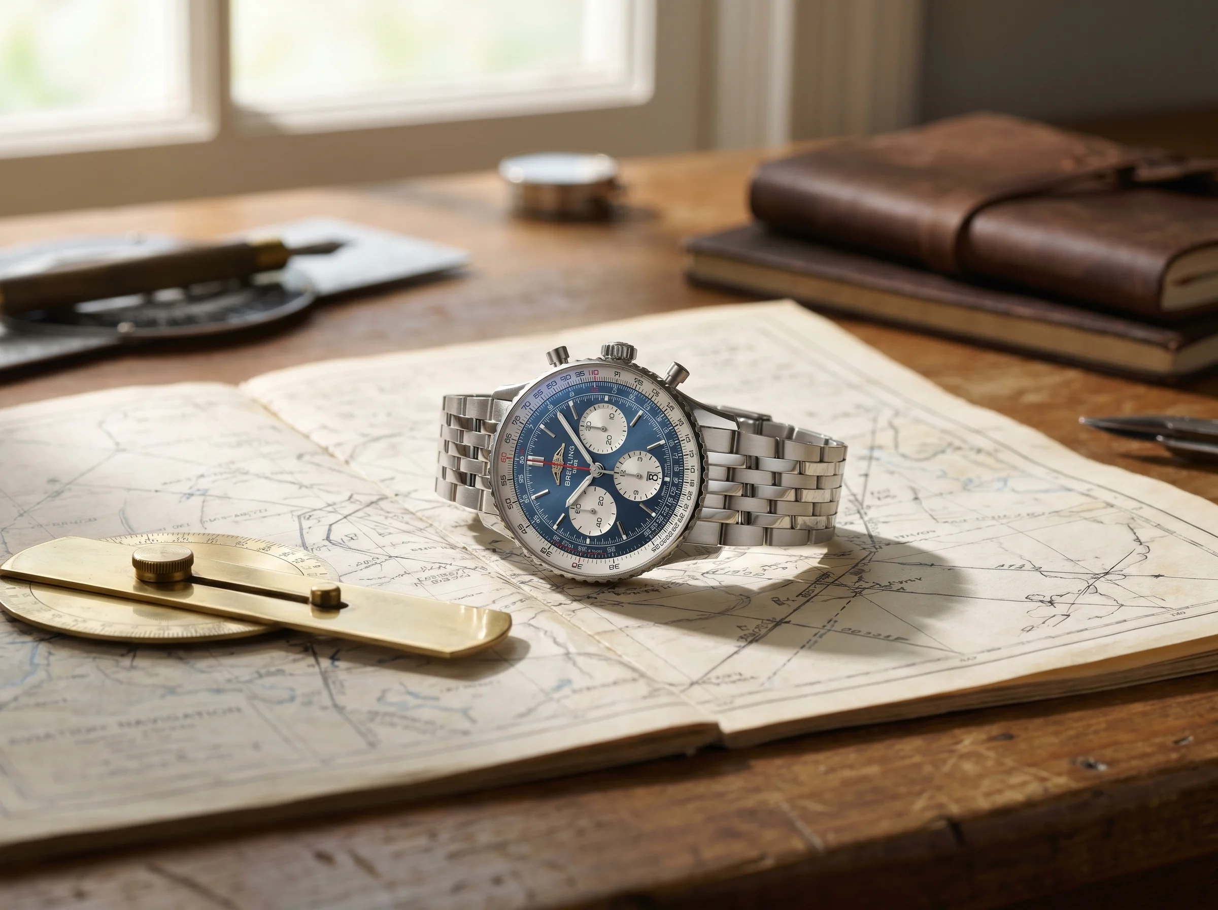Breitling Navitimer B01 Chronograph 43 on an open vintage aviation navigation chart beside a brass plotter