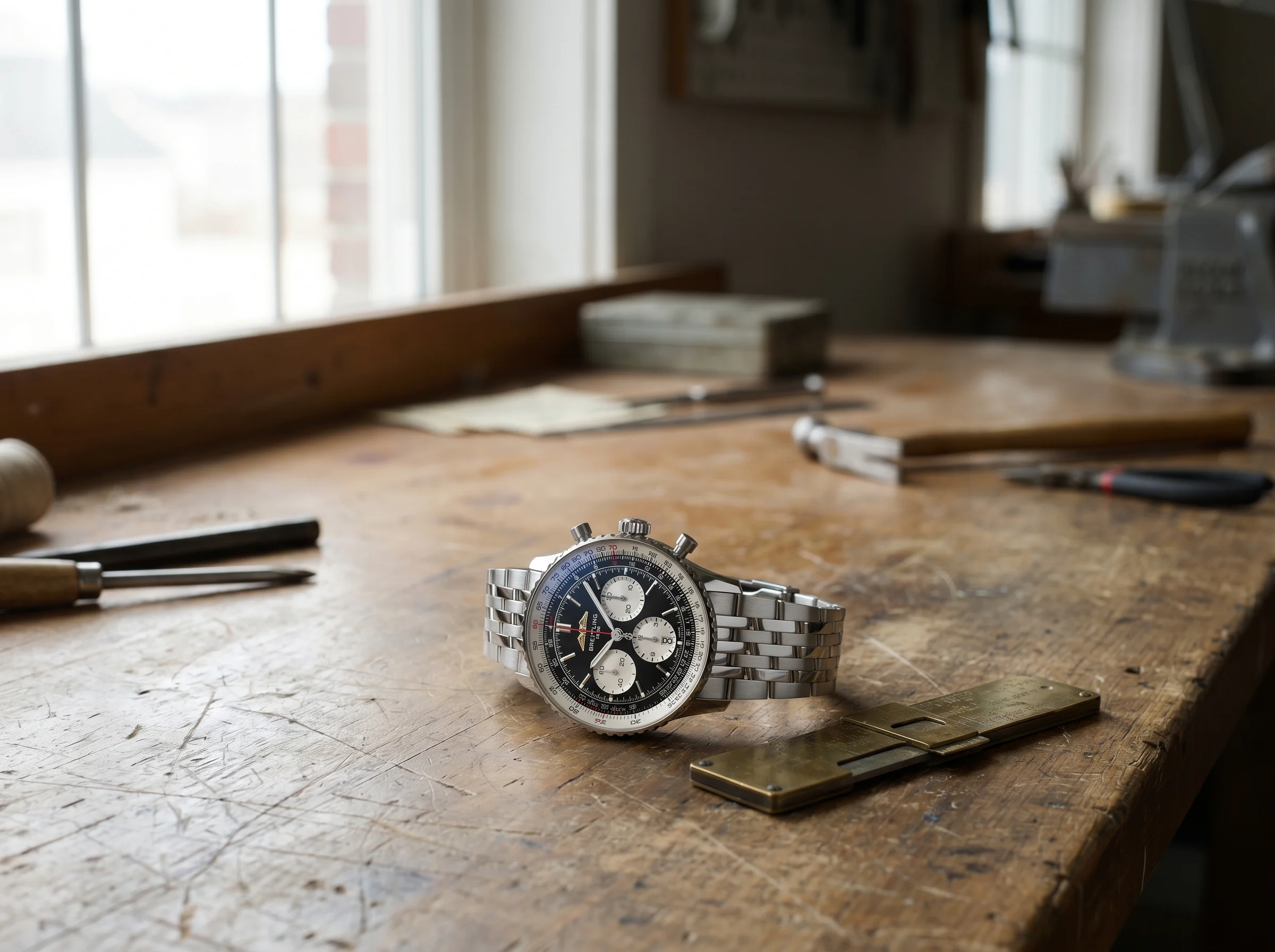 Breitling Navitimer B01 Chronograph 43 in steel with black dial on a wooden workshop bench