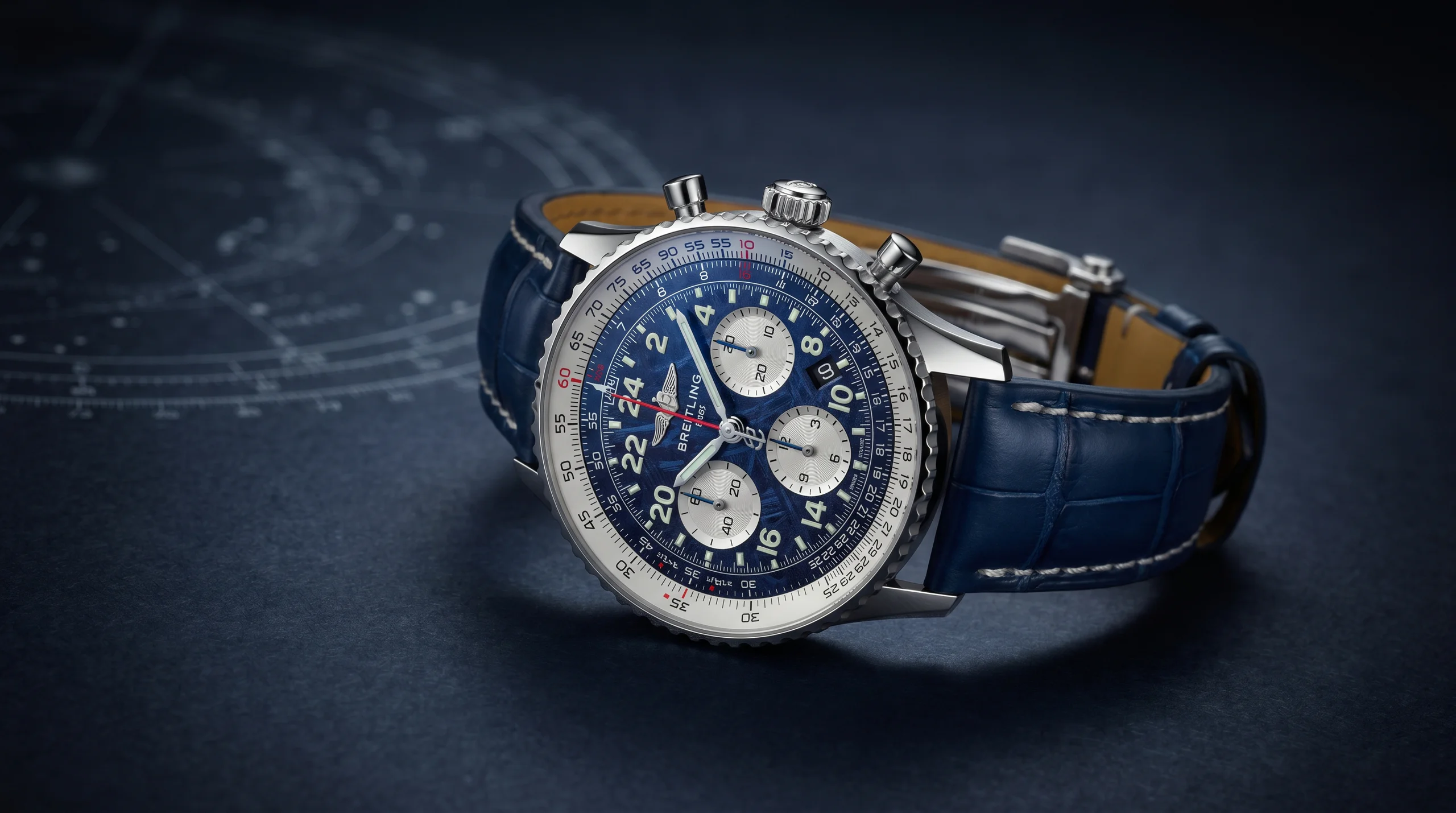 Breitling Navitimer B02 Chronograph 41 Cosmonaute Artemis II reference AB02307A1C1P1 in stainless steel with galaxy-blue meteorite dial and 24-hour scale, the 2026 limited edition worn by NASA's Artemis II crew