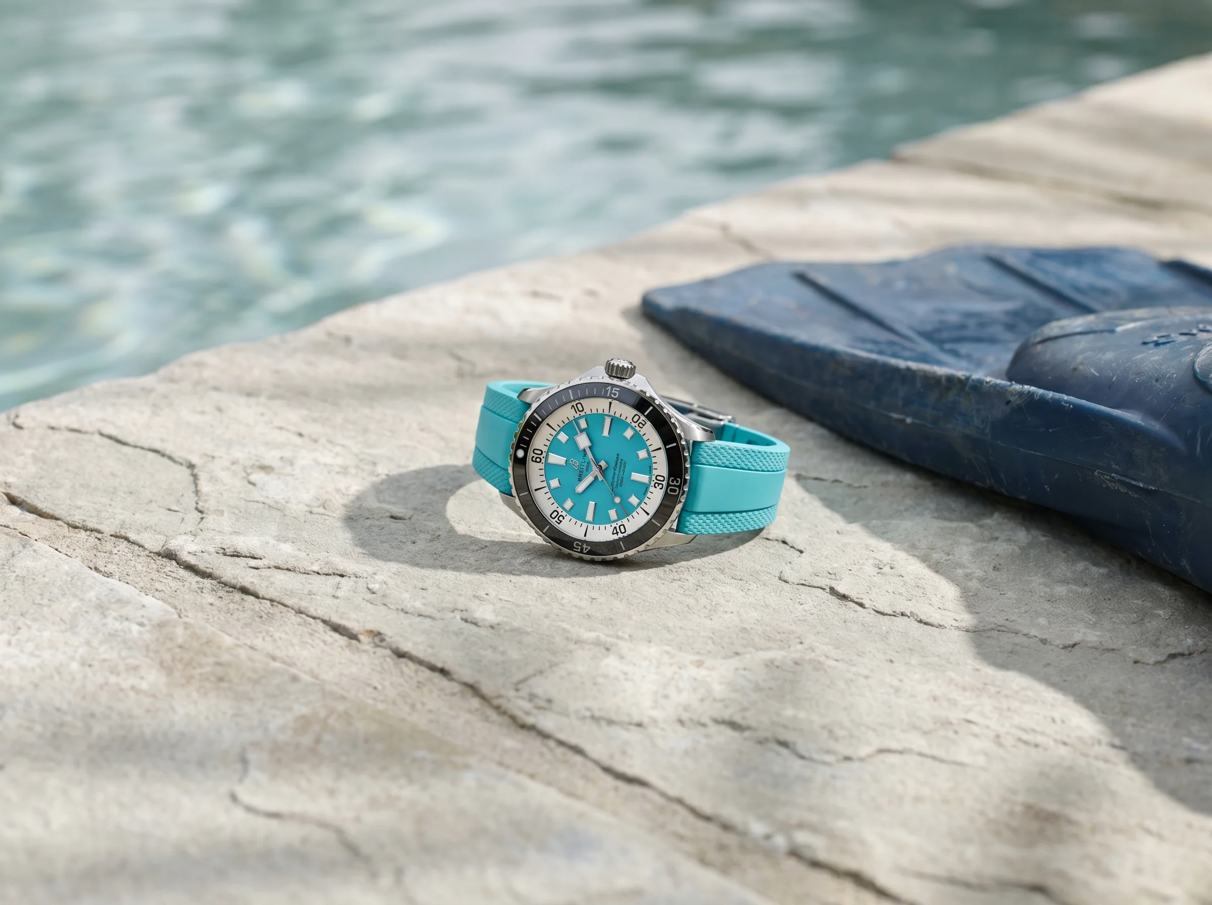 Breitling Superocean Automatic 42 with vivid turquoise dial and matching rubber strap on grey stone