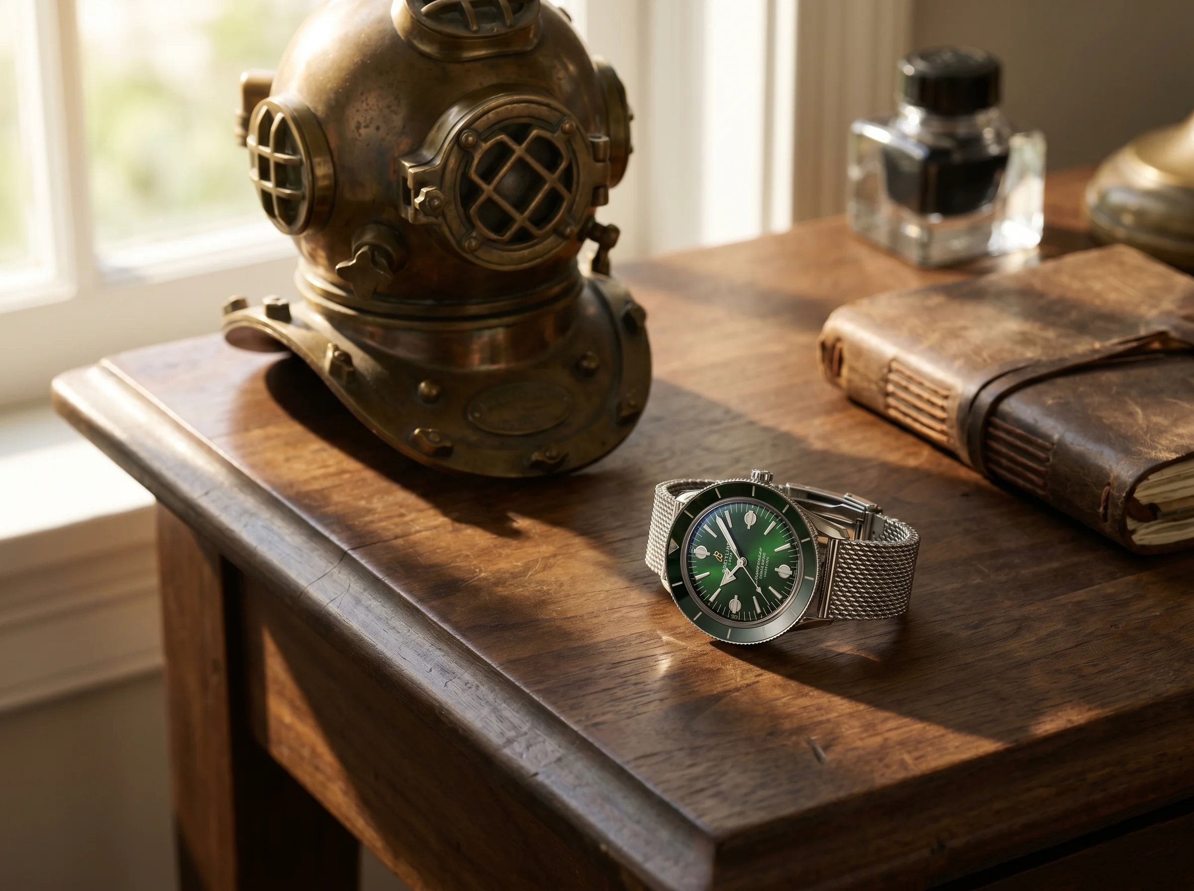 Breitling Superocean Heritage 42 with green sunburst dial and black ceramic bezel on a walnut desk