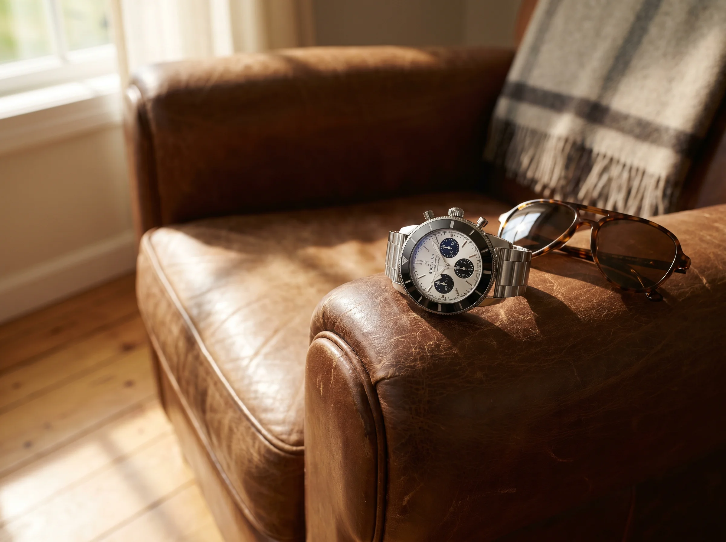 Breitling Superocean Heritage Chronograph 44 with reverse-panda dial on a leather chair arm