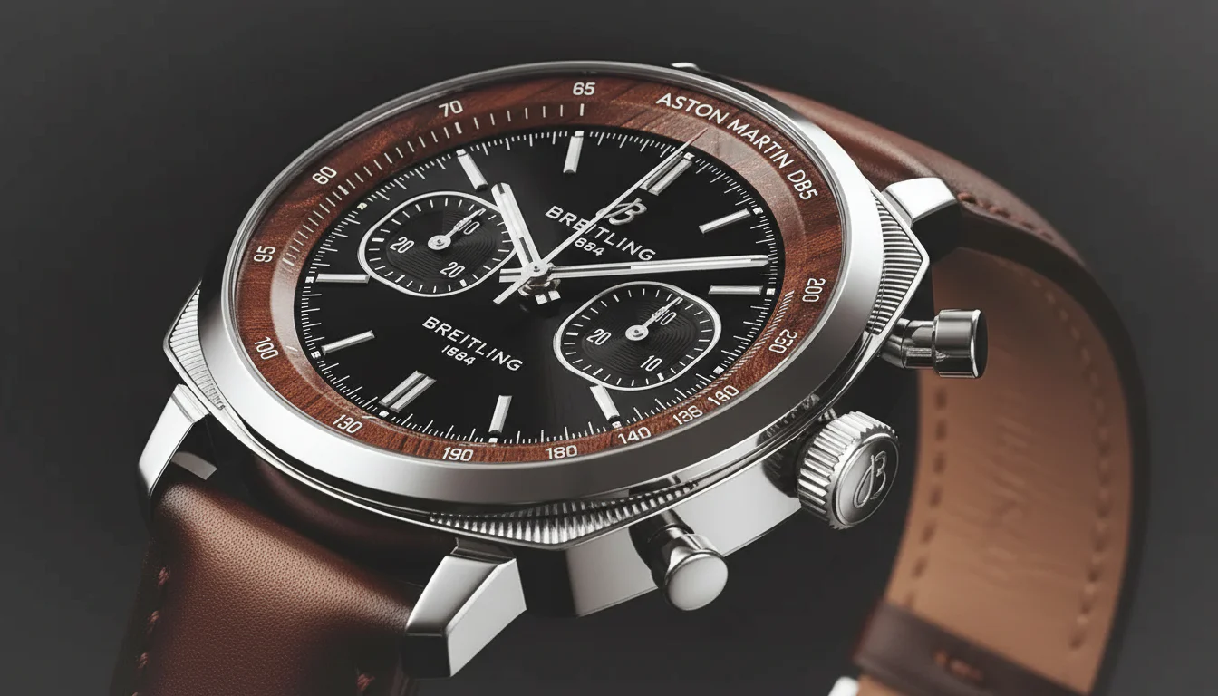 The Breitling Top Time B01 Tribute to Aston Martin DB5 in steel with a platinum bezel and black lacquered dial, showing the wooden inner bezel with Aston Martin DB5 tachymeter text.