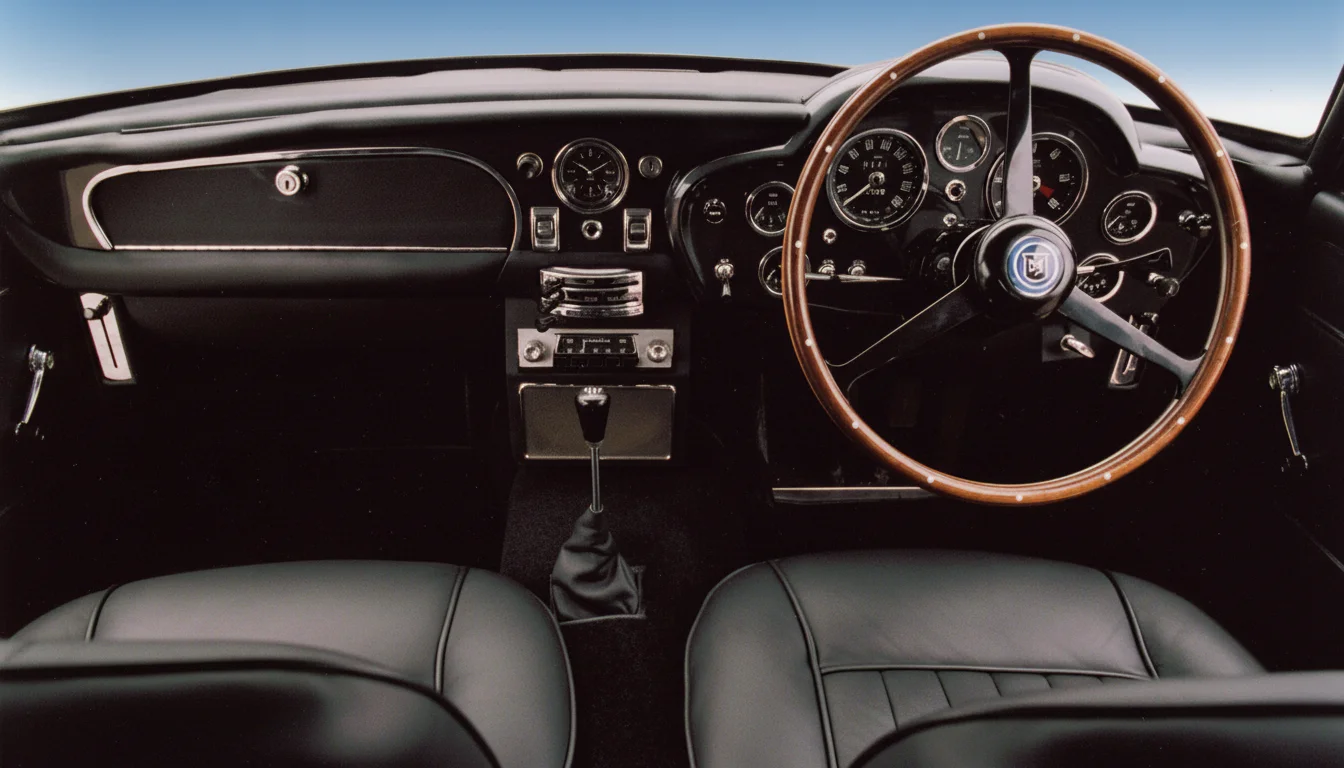 A 1960s wooden steering wheel and wood-trimmed dashboard, the design inspiration for the watch's wooden inner bezel.