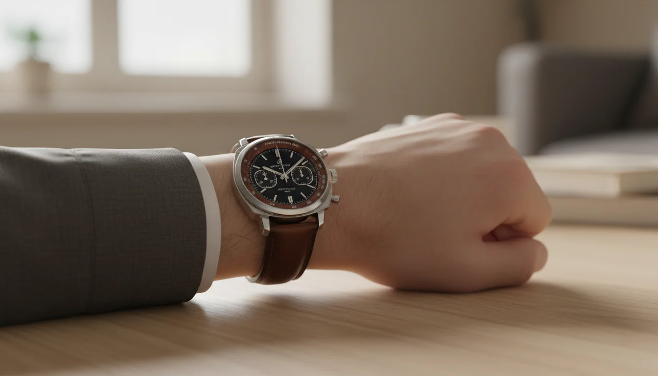 The Breitling Top Time B01 Tribute to Aston Martin DB5 worn on the wrist with a brown leather strap.