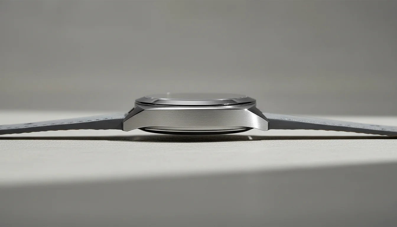 Bremont Terra Nova Jumping Hour case side profile showing the push-in crown and case finishing