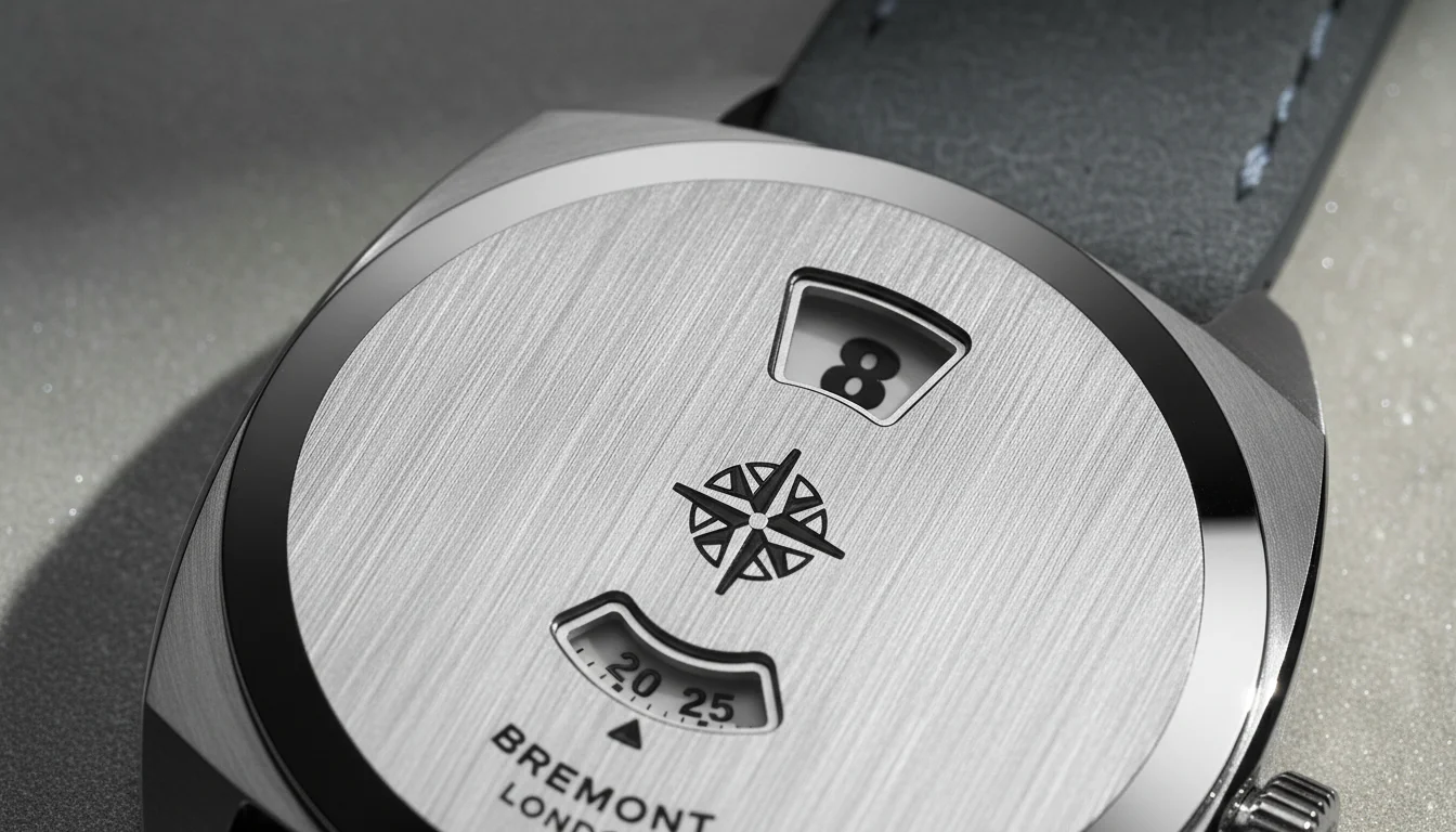 Macro shot of the Bremont Terra Nova Jumping Hour dial apertures showing the jumping hour numeral and minute track