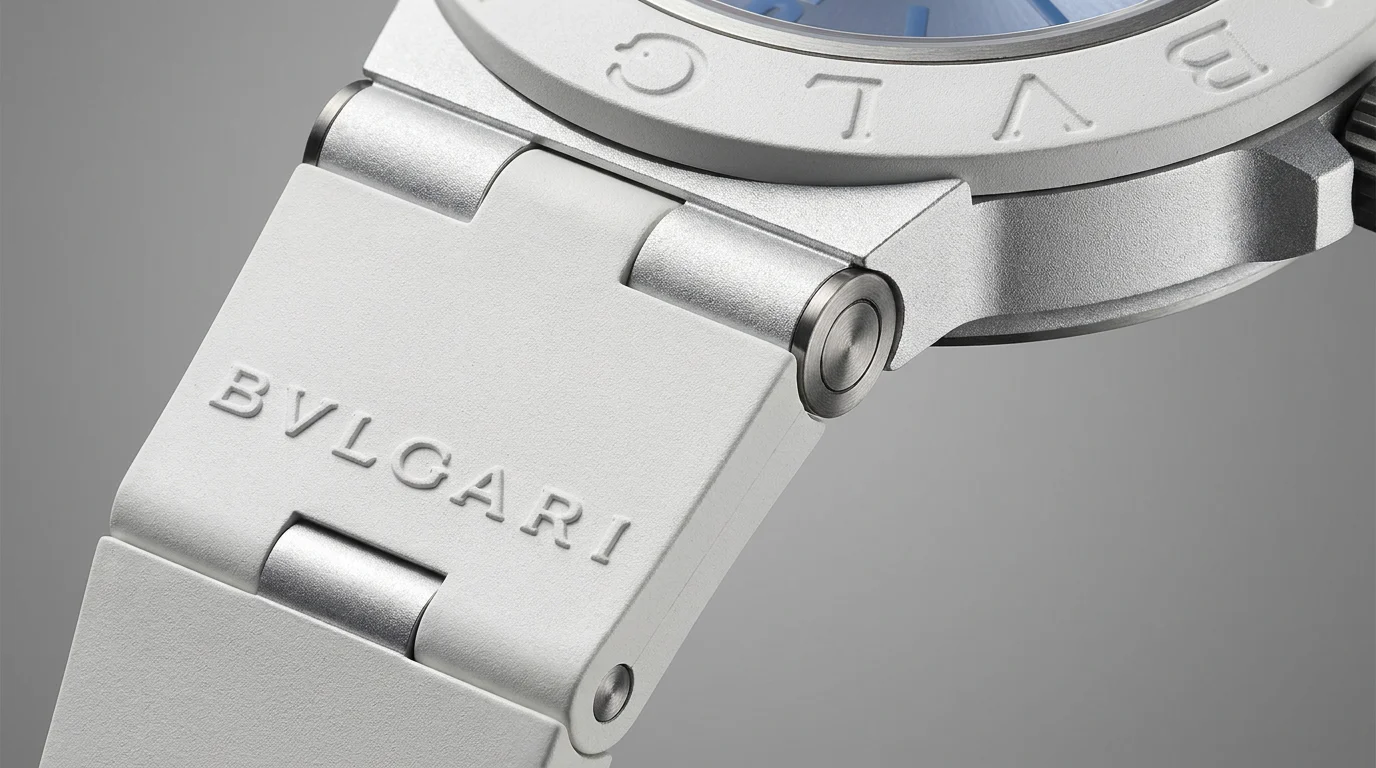 Macro detail of the Bulgari Bulgari Aluminium case, bezel engraving, and integrated bracelet construction