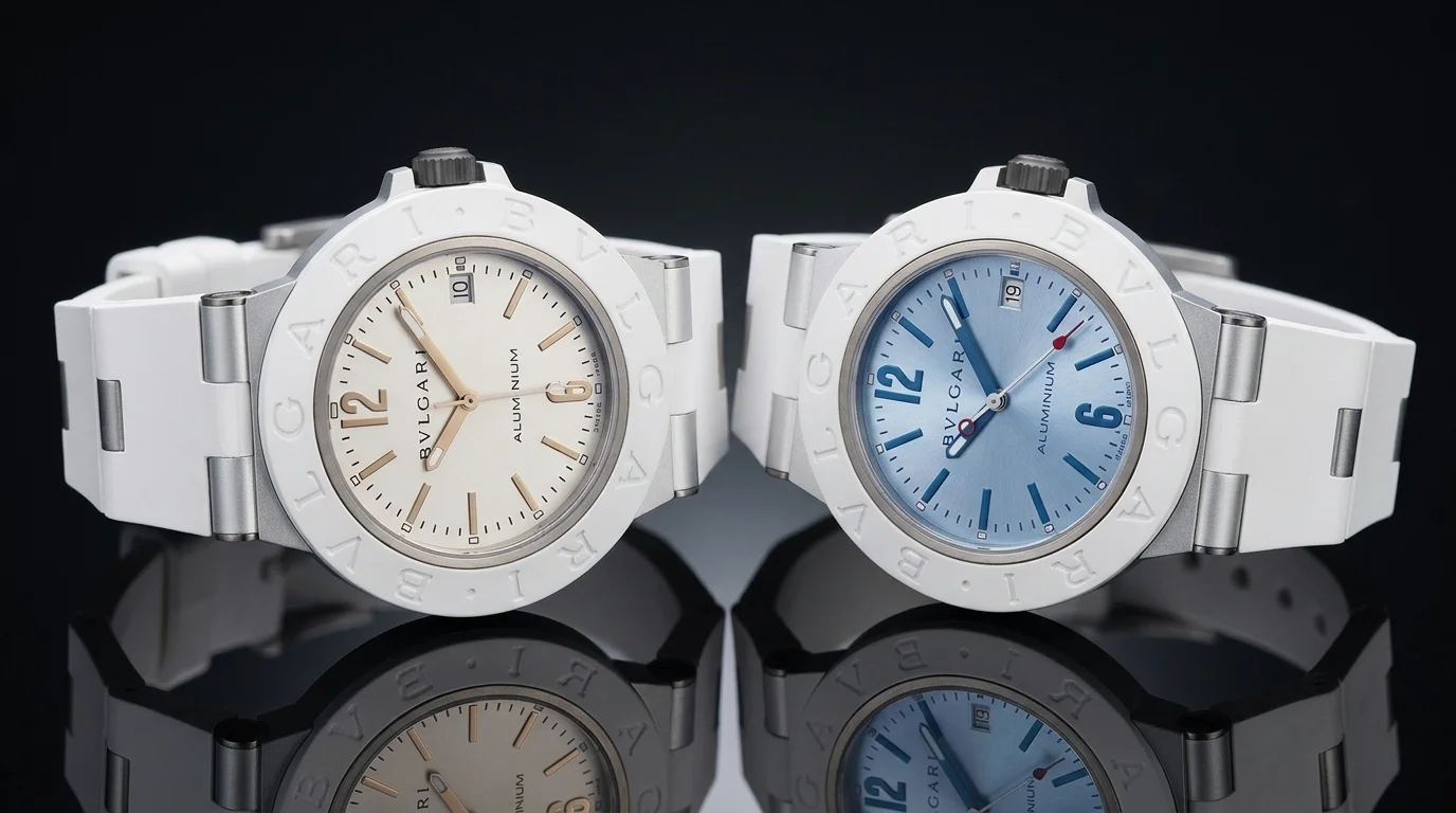 Bulgari Bulgari Aluminium White and Ice Blue watches side by side, references 104335 and 104309