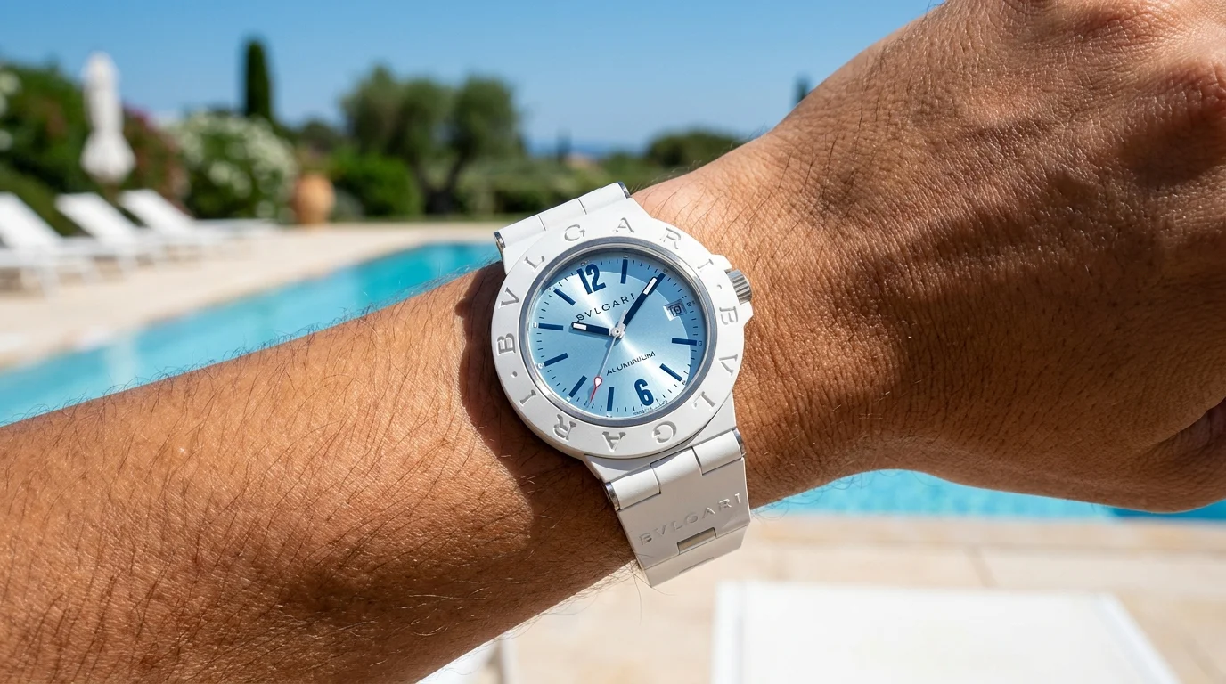 Bulgari Bulgari Aluminium Ice Blue reference 104309 worn poolside on the wrist