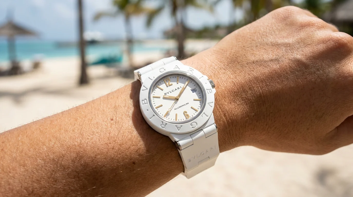 Bulgari Bulgari Aluminium White reference 104335 worn on the wrist at the beach