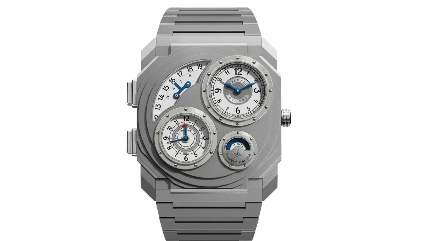 Bulgari Octo Finissimo Dual Time x Vianney Halter dial detail with blue hands and red seconds hand