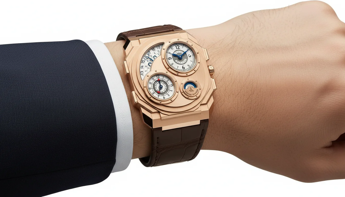 Bulgari Octo Finissimo Dual Time x Vianney Halter rose gold wristwatch on wrist
