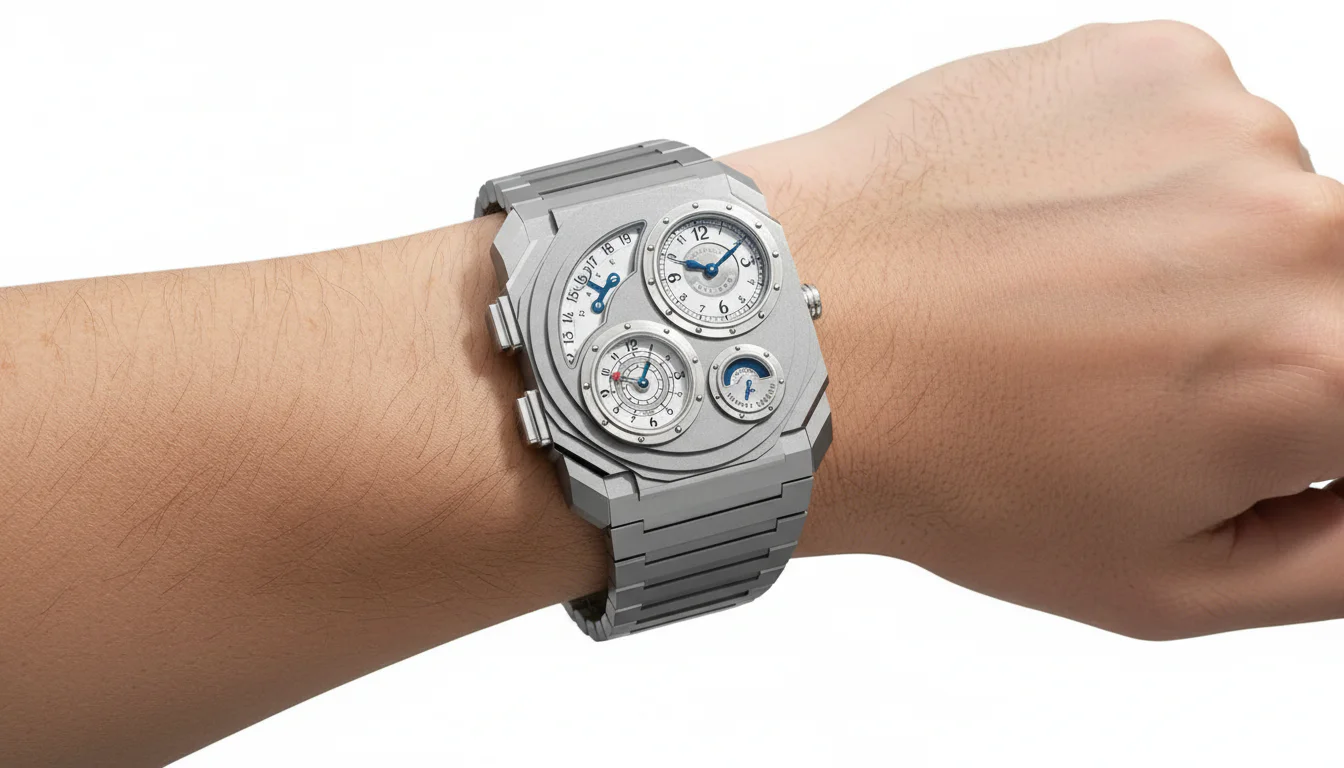 Bulgari Octo Finissimo Dual Time x Vianney Halter titanium wristwatch with blue GMT hand