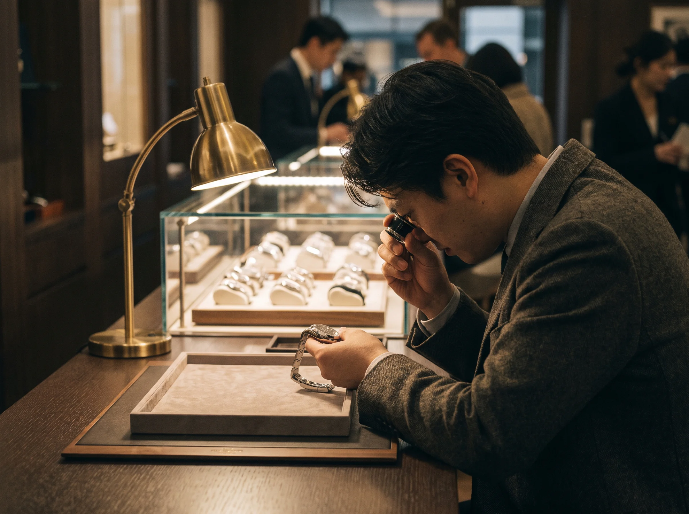 A buyer examining a wristwatch through a jeweler's loupe at a retailer's counter