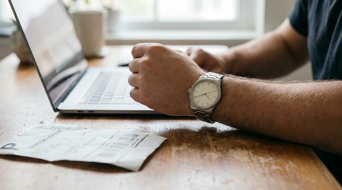 Wrist wearing a steel watch resting on a desk beside a laptop and a printed shipping receipt