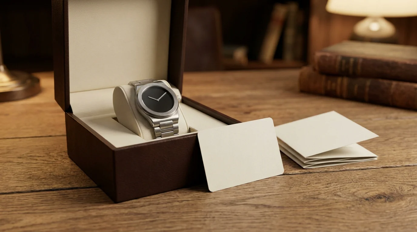 Steel watch resting in an open presentation box beside warranty card and authentication papers