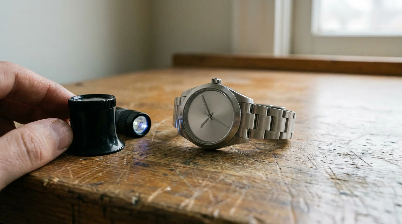 Jeweler's loupe and UV authentication light beside a steel wristwatch on a workbench