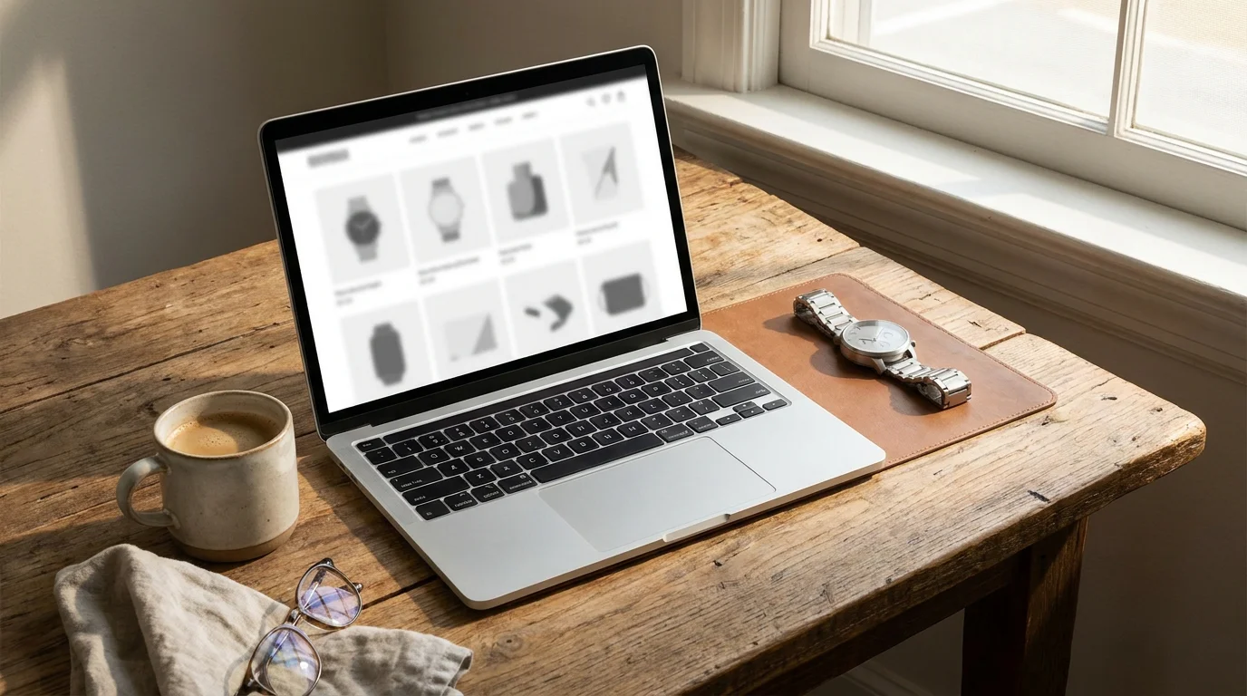 Laptop on a desk displaying an online watch marketplace listing beside a steel watch and coffee