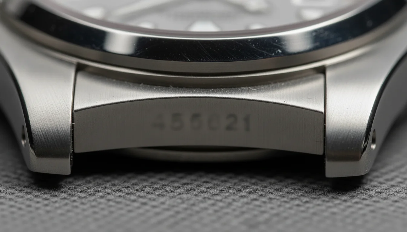 Macro of a watch case between the lugs showing a serial number engraving area