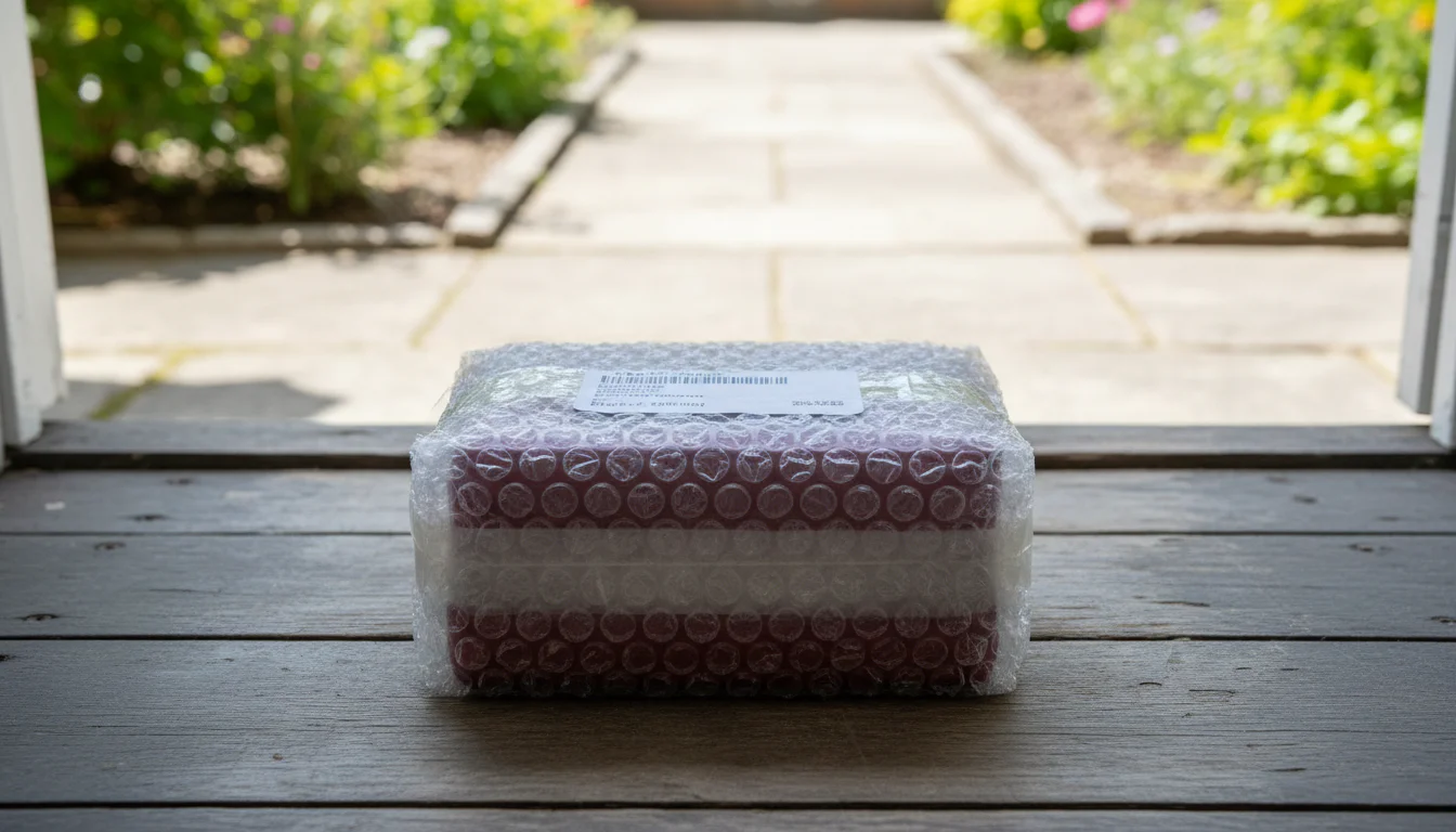 Securely packaged watch shipping box with bubble wrap and a tracking label on a doorstep