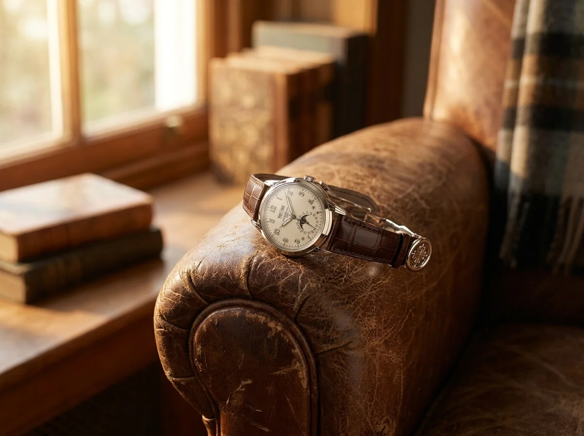 Perpetual calendar watch resting on the arm of a leather chair.
