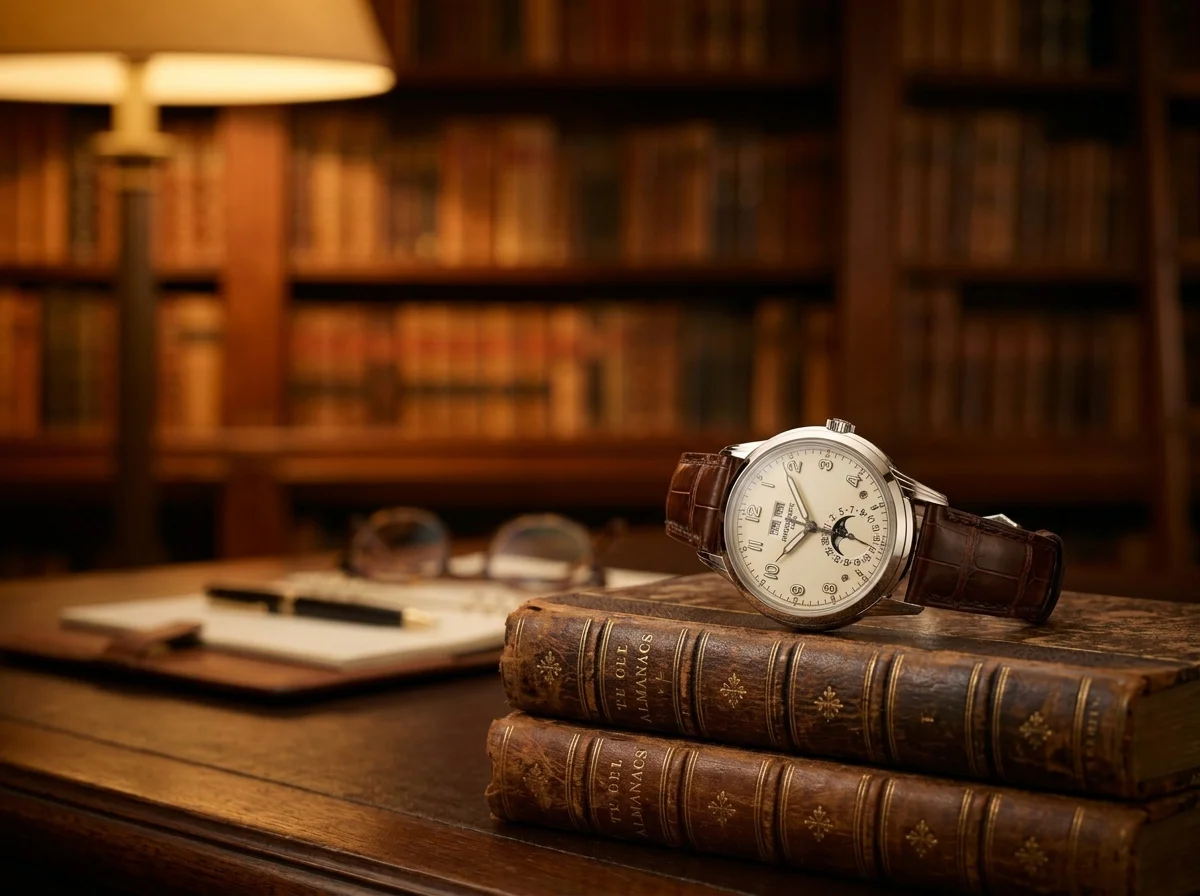 Perpetual calendar watch on a stack of leather-bound almanacs.