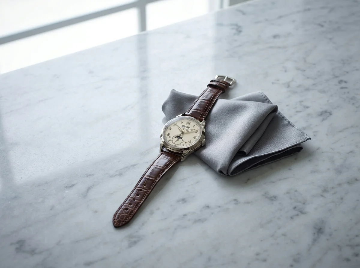 Perpetual calendar watch on a marble counter.