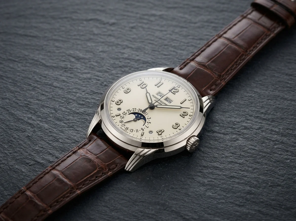 Clean view of a perpetual calendar dial with day and month apertures.