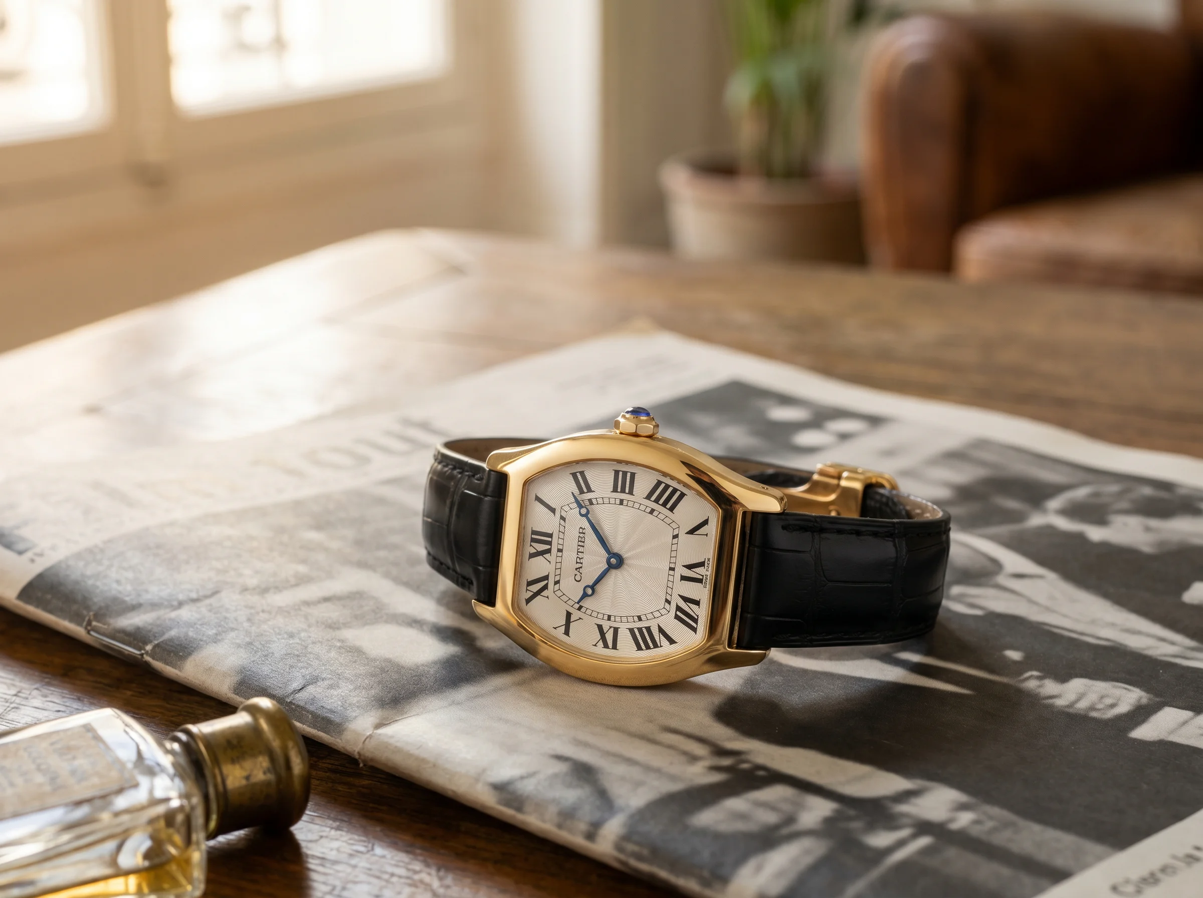 Cartier Tortue in 18k yellow gold with silvered guilloche dial and Roman numerals on a black alligator strap, the 2026 Watches and Wonders release