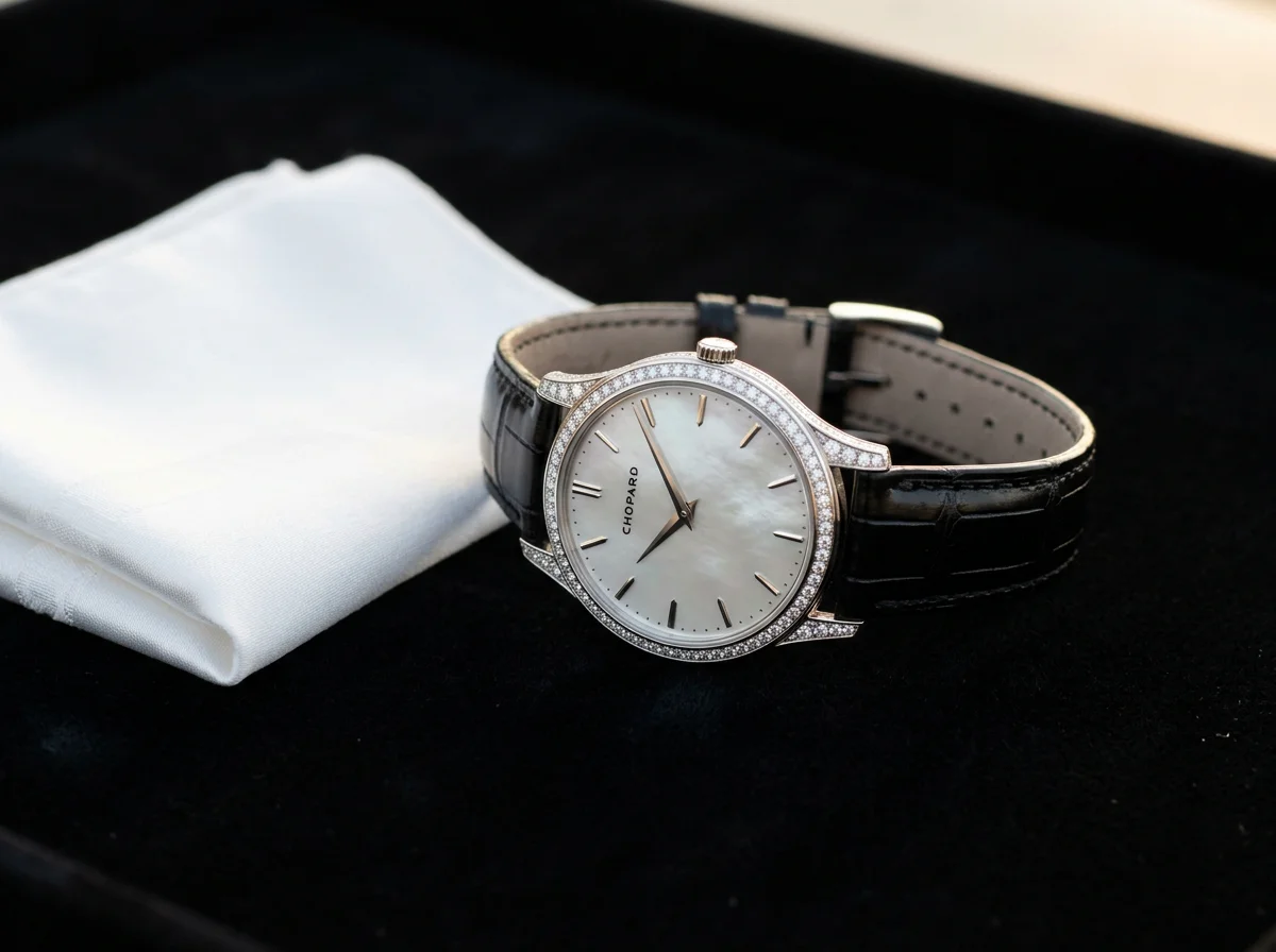 Chopard L.U.C XP in 18k white gold with full diamond pave on case and bezel, mother-of-pearl dial, and black alligator strap, the ultra-thin dress chronometer
