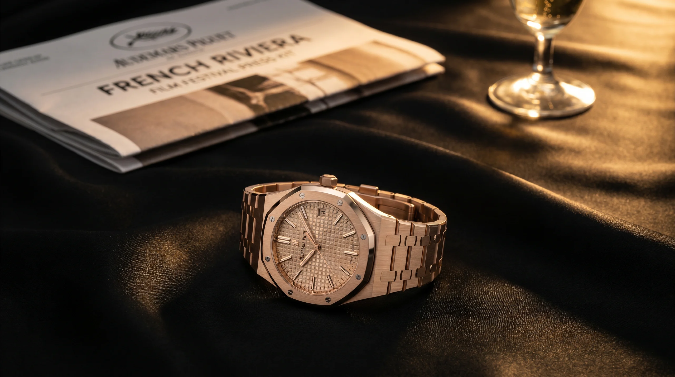 Audemars Piguet Royal Oak Selfwinding in Sand Gold with matching warm-toned tapisserie dial and integrated bracelet, photographed on a black silk surface in evening light