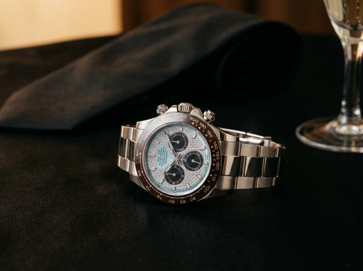 Rolex Cosmograph Daytona 116506 in 950 platinum with pave-diamond ice-blue dial and brown Cerachrom ceramic bezel on platinum Oyster bracelet