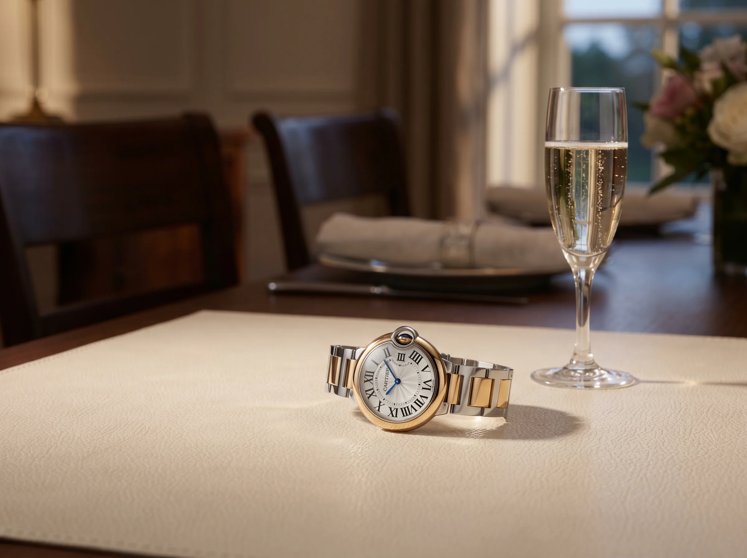 Two-tone Cartier Ballon Bleu in steel and yellow gold on a cream leather surface