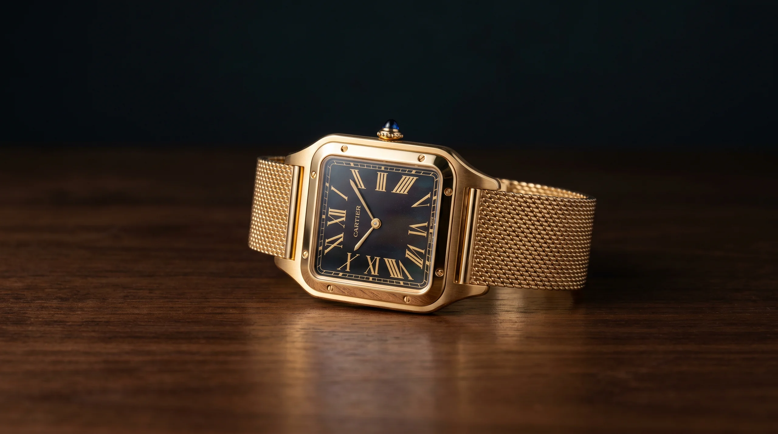 Cartier Santos-Dumont LM 2026 WGSA0123 in 18k yellow gold with gilded obsidian volcanic stone dial on a flexible yellow gold mesh bracelet