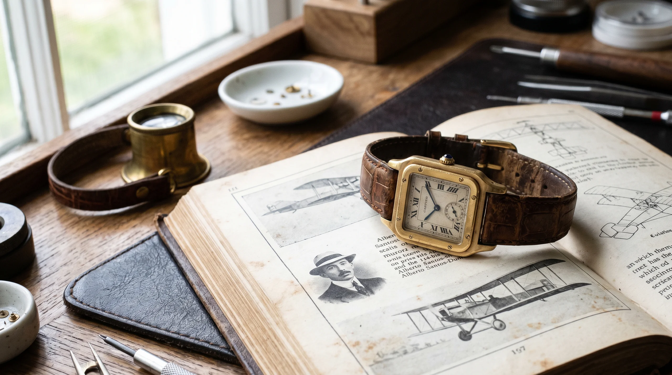 Vintage early 1900s Cartier Santos-Dumont in yellow gold with silver dial, Roman numerals, and brown alligator strap, resting on an aviation history reference book at a watchmaker's bench