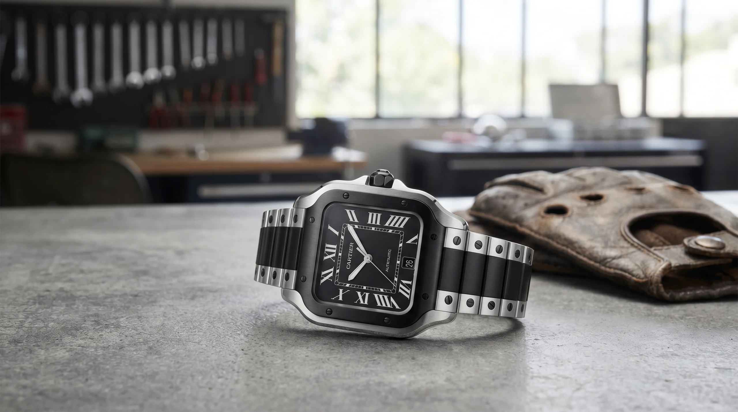 Cartier Santos de Cartier Large WSSA0039 in steel with ADLC black coating on bezel, crown, and bracelet center links, resting on textured concrete
