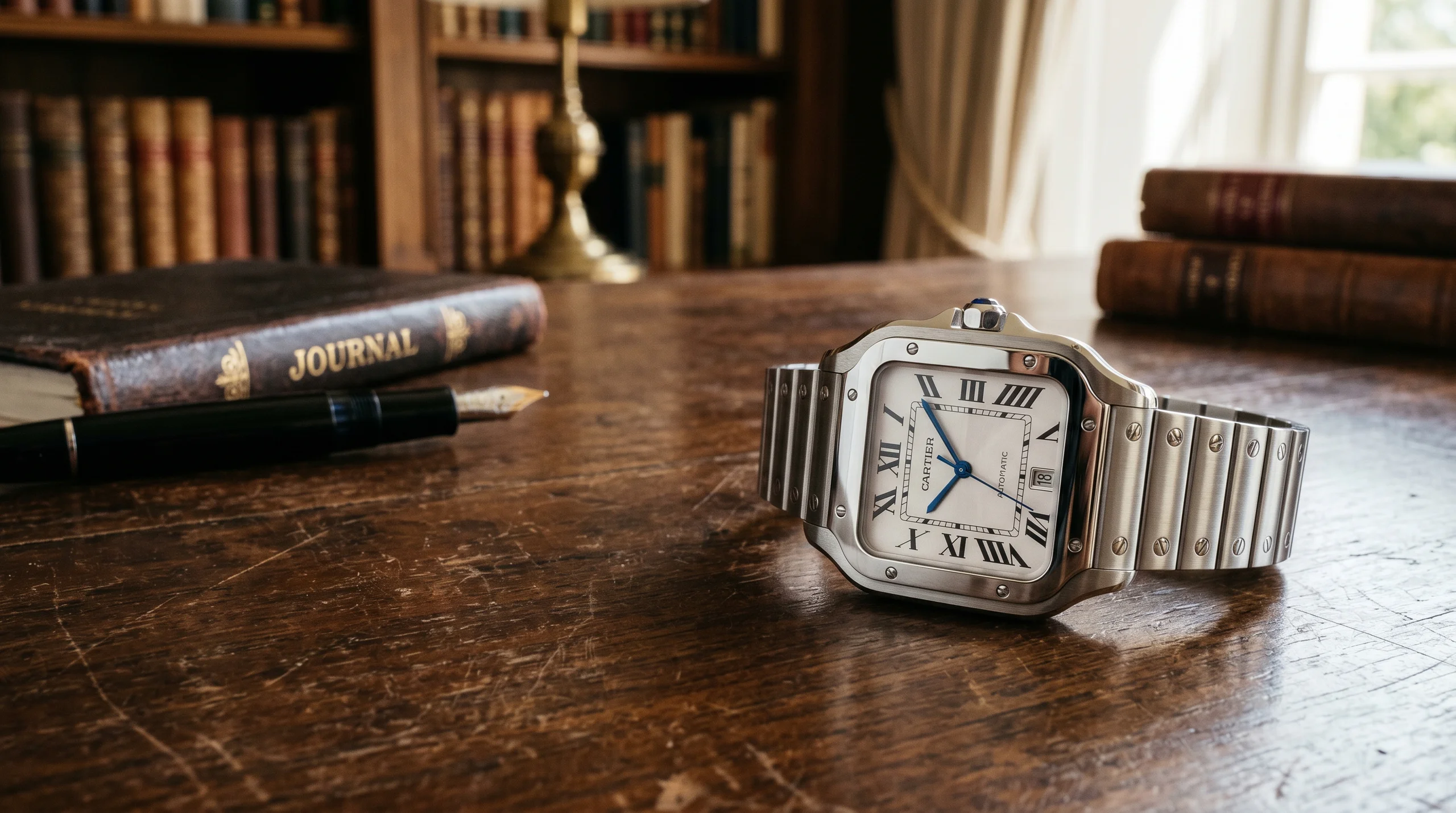 Cartier Santos de Cartier Medium WSSA0029 in stainless steel with silver dial on a writing desk, the smaller 35.1mm proportions clearly visible