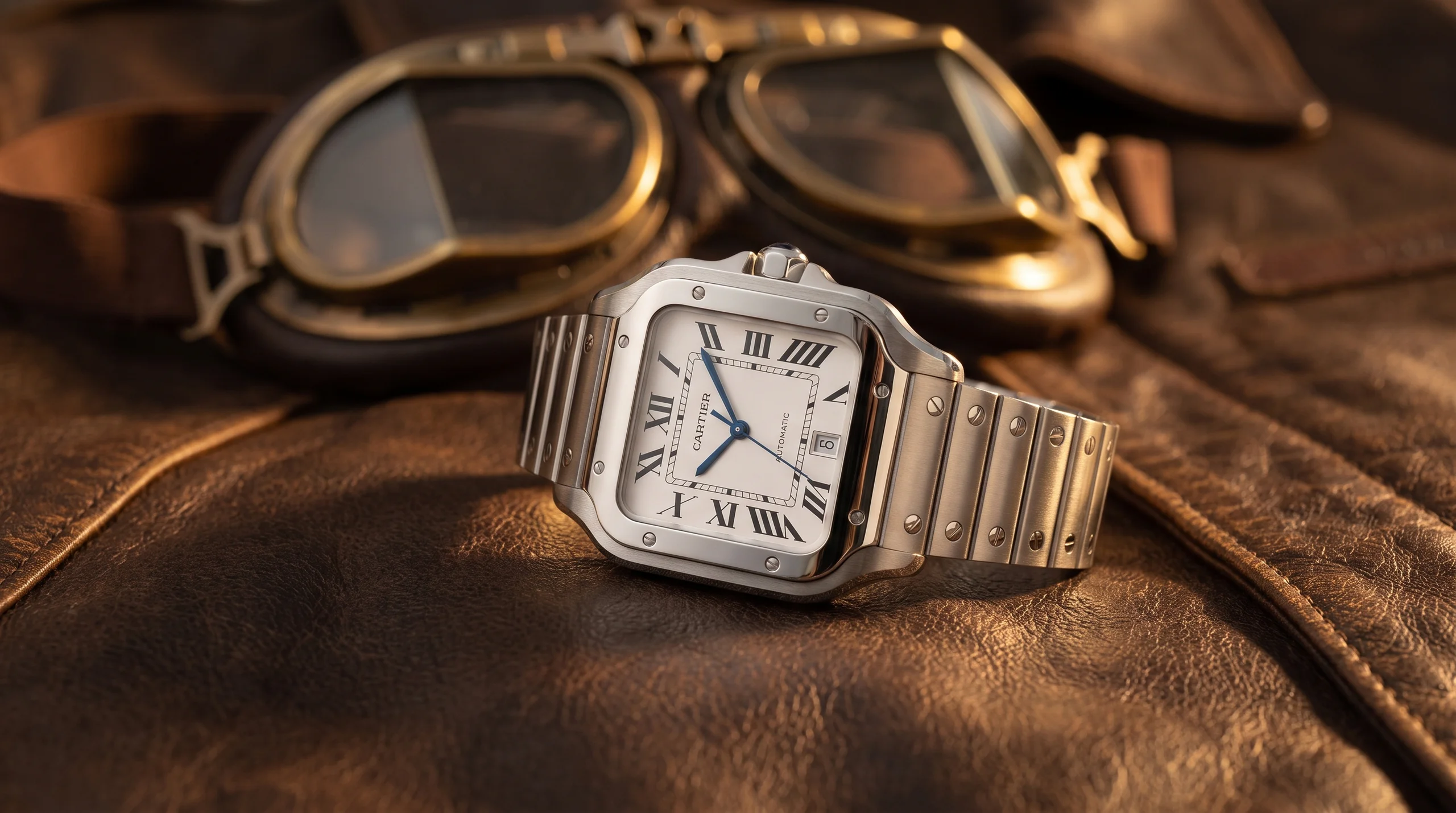 Steel Santos de Cartier with visible bezel screws on an aviator jacket, the sport-luxury side of the Cartier Santos vs Tank question