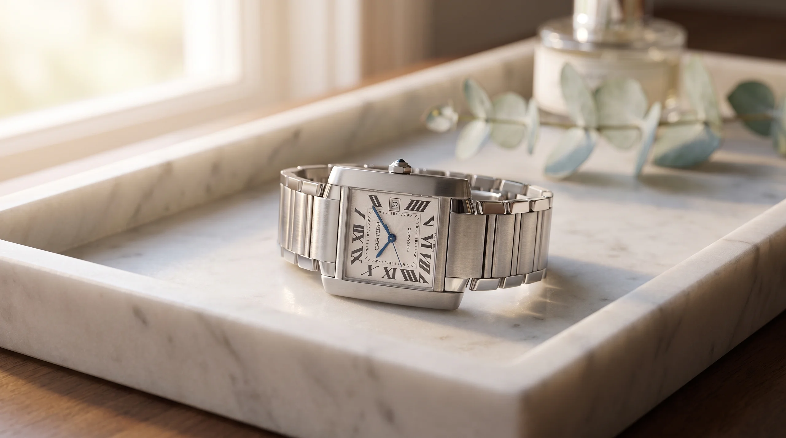 Steel Cartier Tank Française with integrated H-link bracelet on a marble tray, the Tank on a metal bracelet
