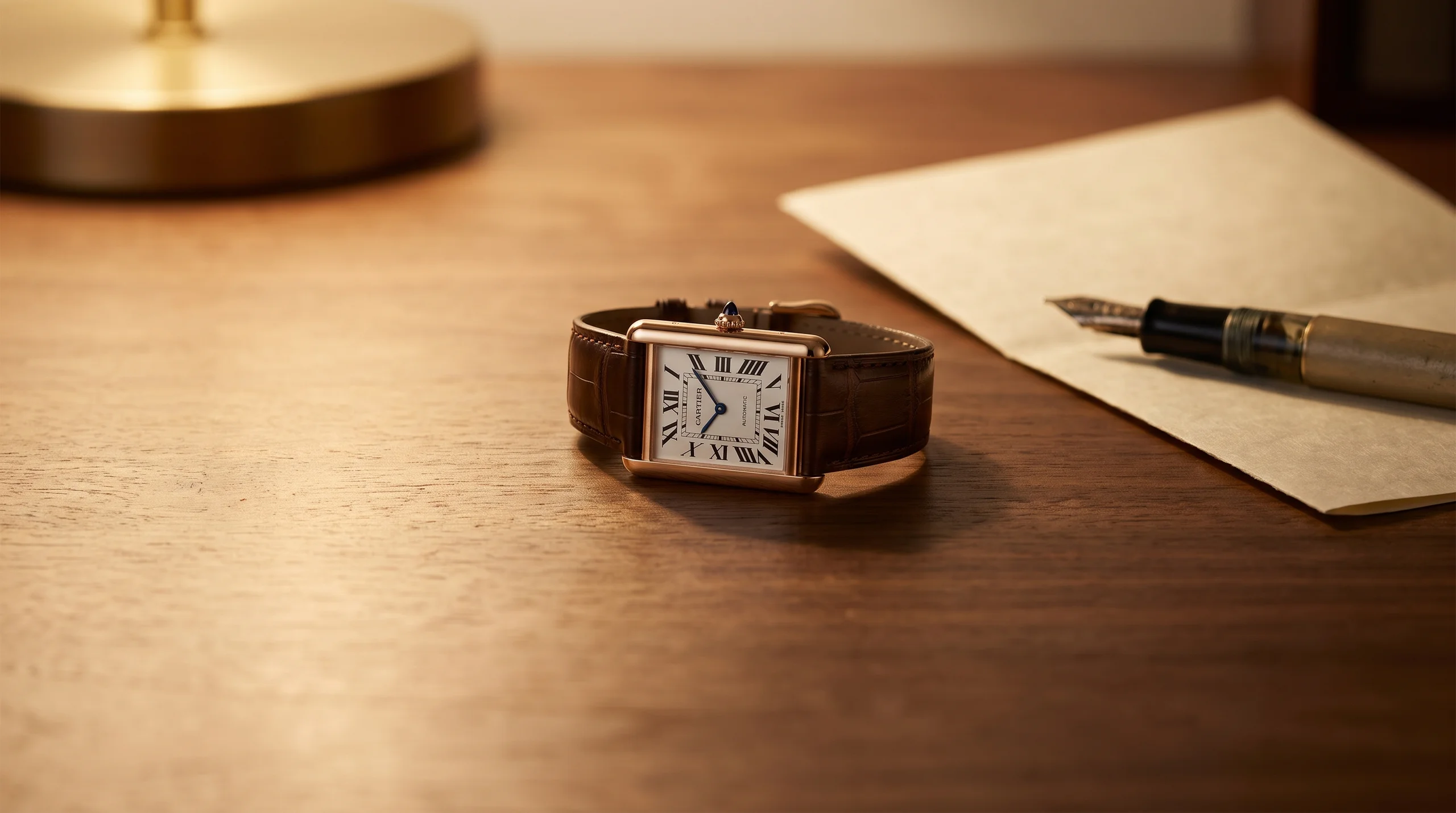 Gold Cartier Tank Louis Cartier on a walnut desk, the dress-watch side of the Cartier Santos vs Tank comparison