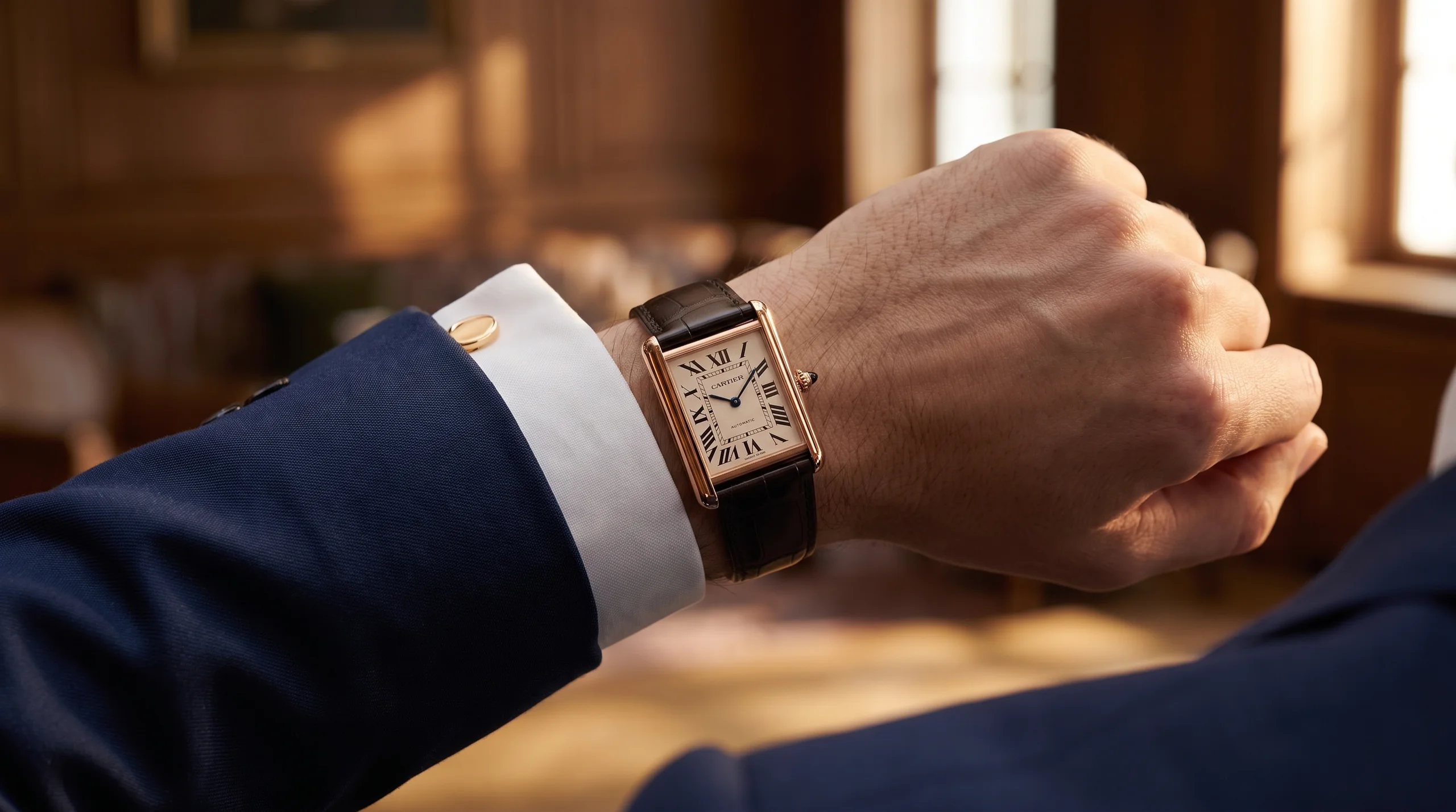 Gold Cartier Tank Louis Cartier worn under a navy suit cuff, showing its formal dress-watch character