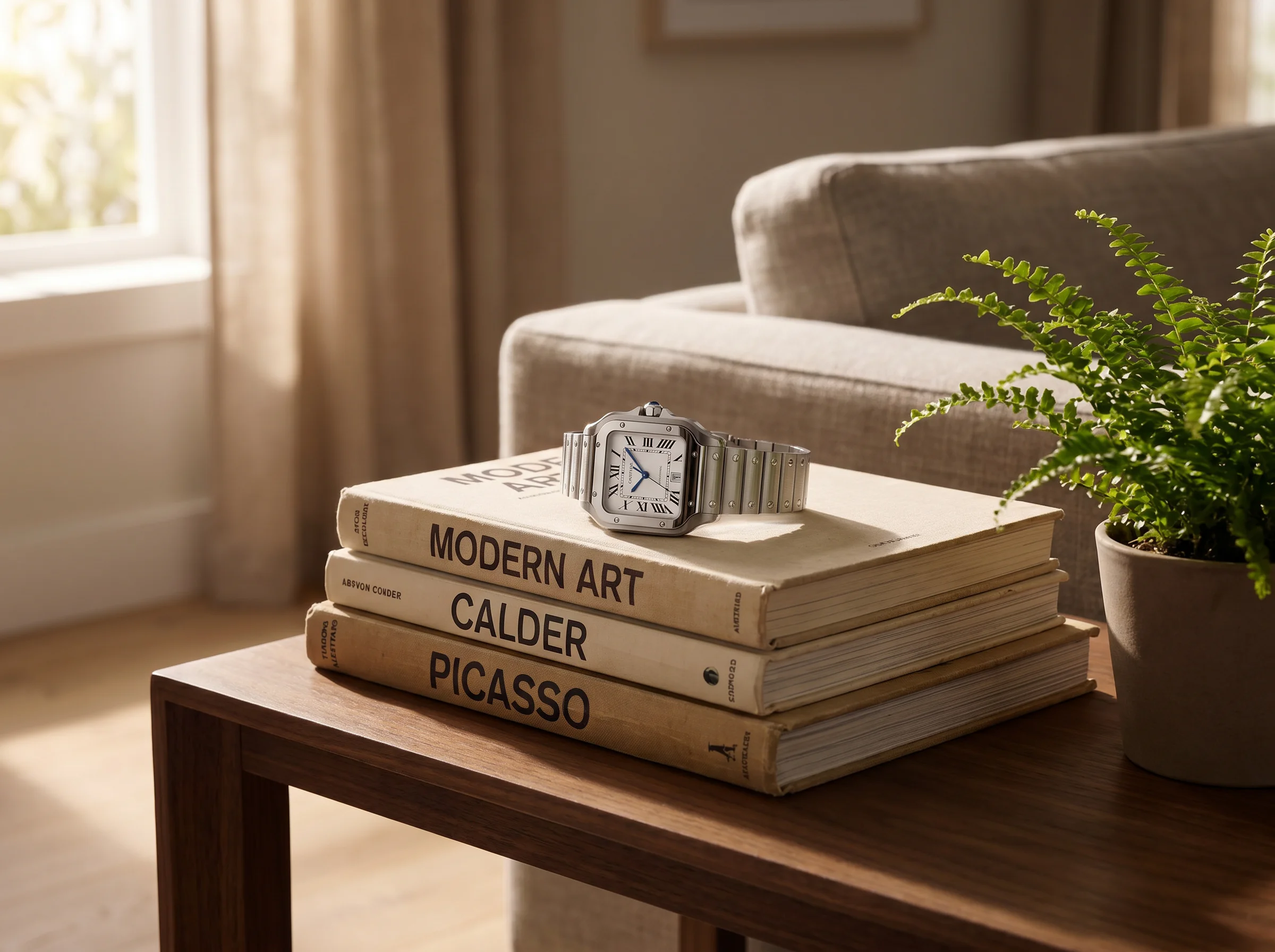 Santos de Cartier WSSA0018 in steel resting on a stack of art books beside a small potted plant