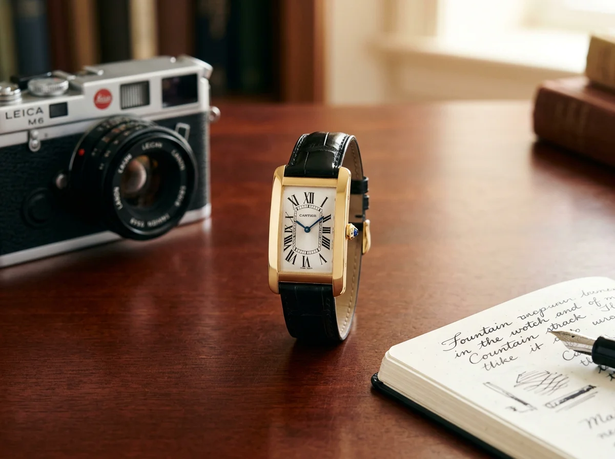 Cartier Tank Américaine in 18k yellow gold with the elongated curved case profile and black alligator strap