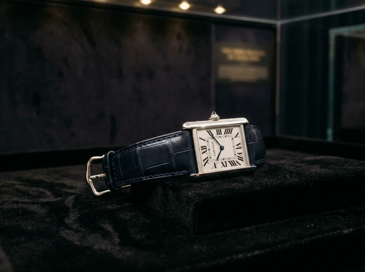 Cartier Privé Tank Normale in platinum with silvered grainé dial, Roman numerals, blued-steel sword hands, and navy blue alligator strap