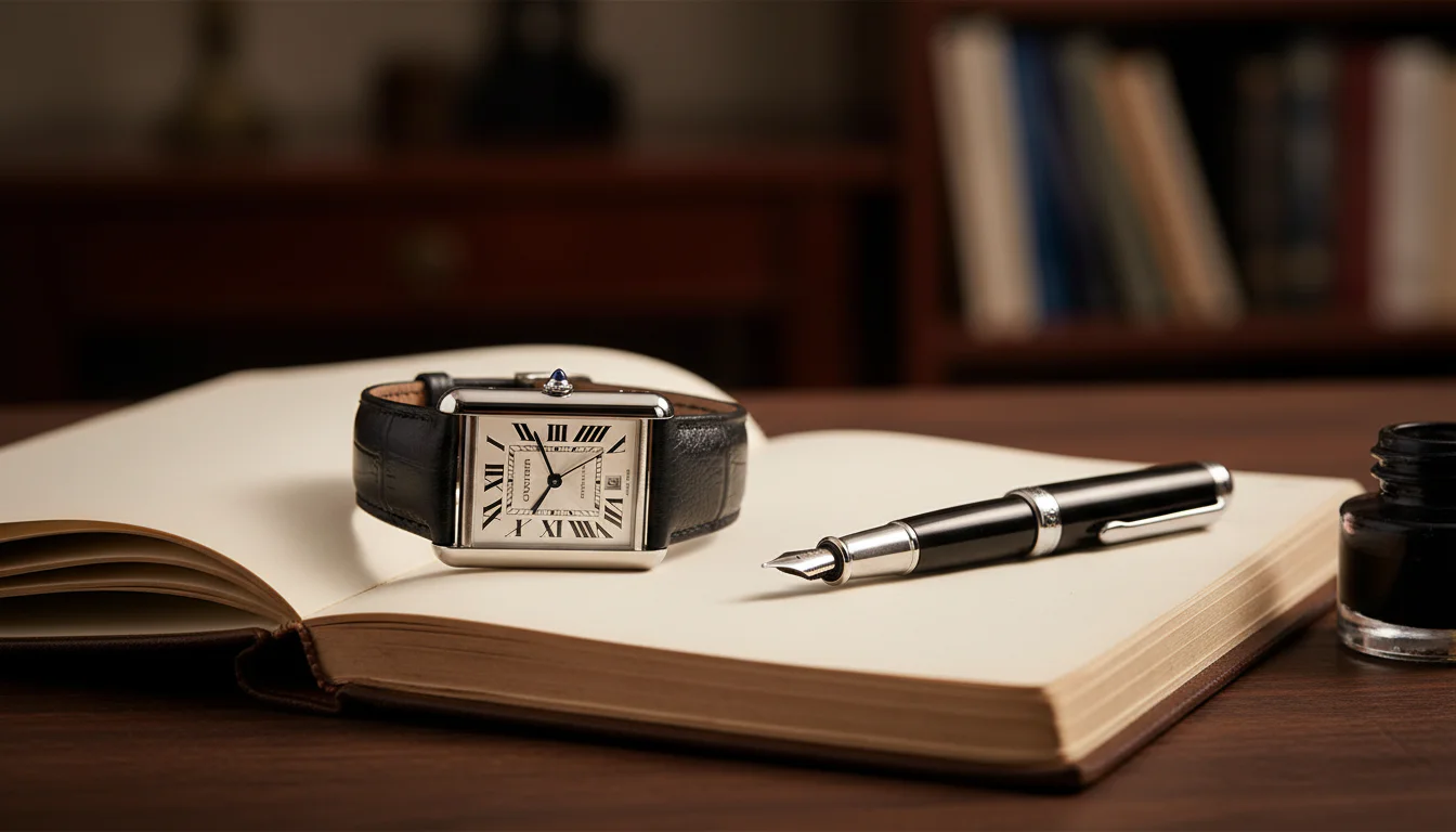 Cartier Tank Must dress watch resting on a leather notebook
