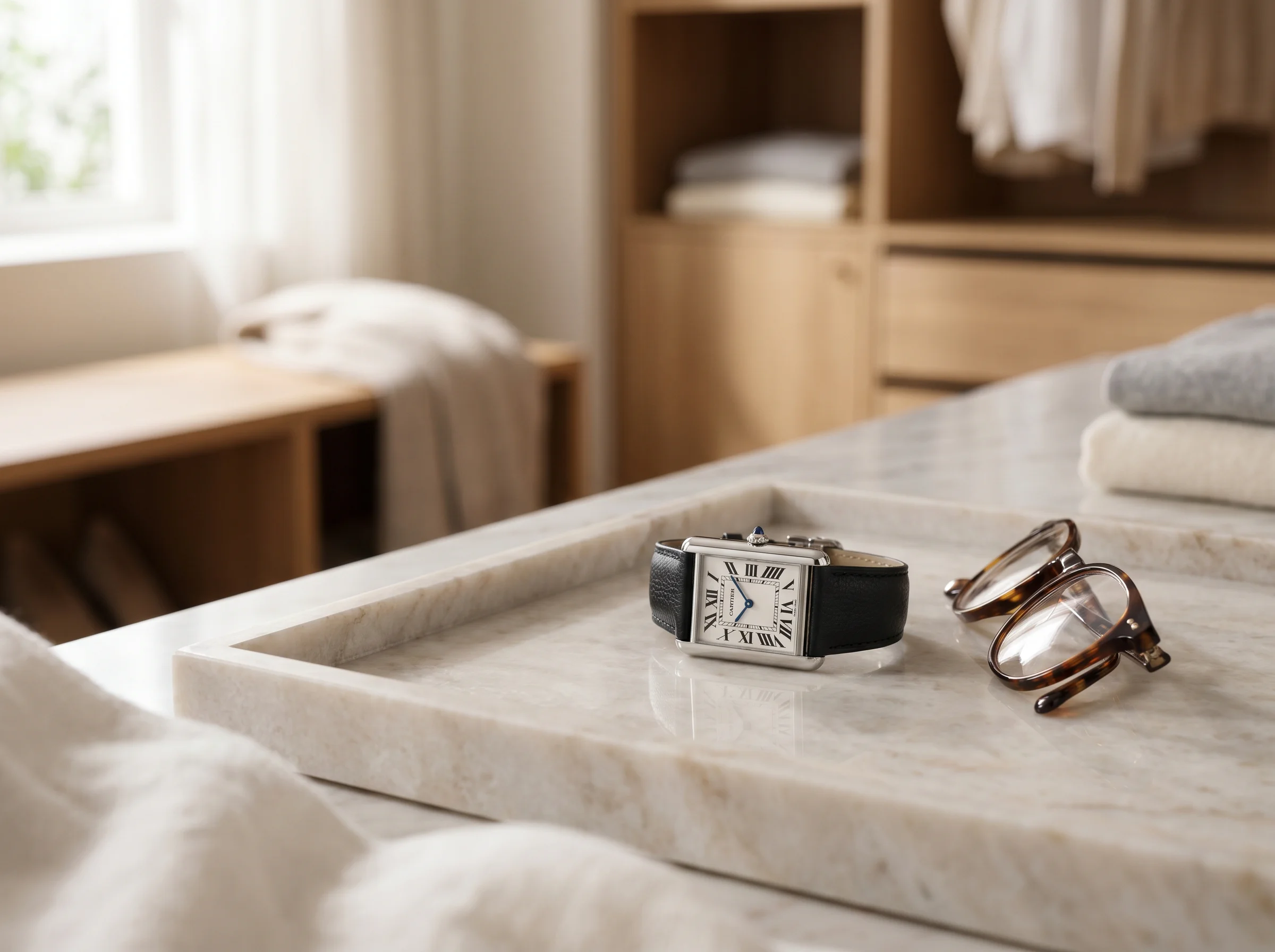 Cartier Tank Must in steel with silvered Roman-numeral dial on a marble vanity tray